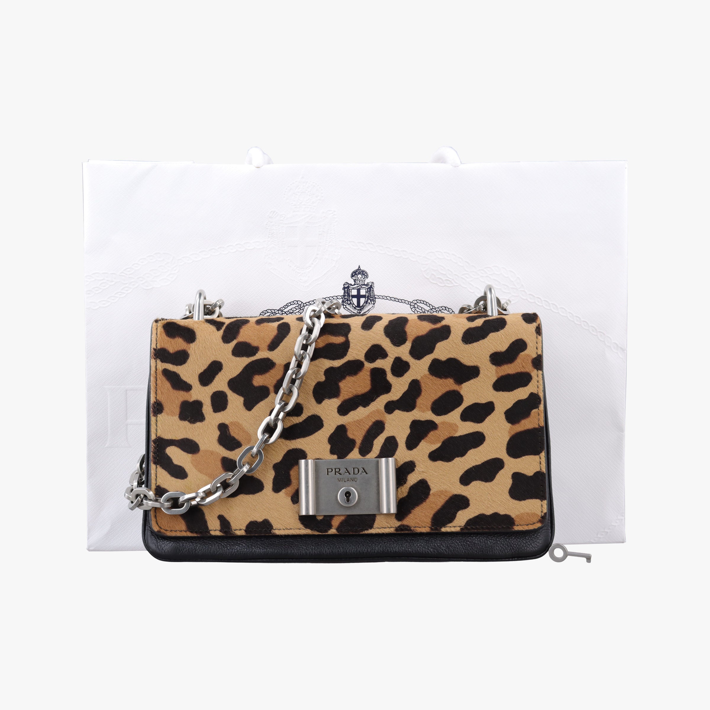 Pre-owned Prada Leopard print Brown×Multicolour ponyhair×leather 1BD009 shoulderbag | stylenewstar