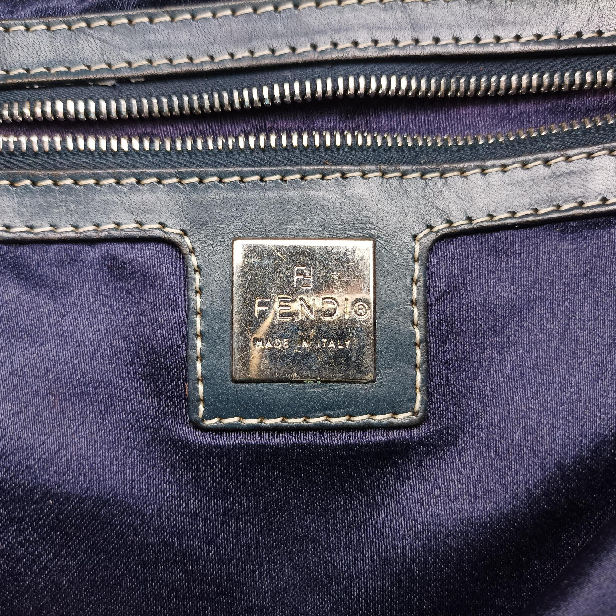 Pre-owned Fendi Zucchino Navy×Brown canvas×leather 8BR616 shoulderbag | stylenewstar