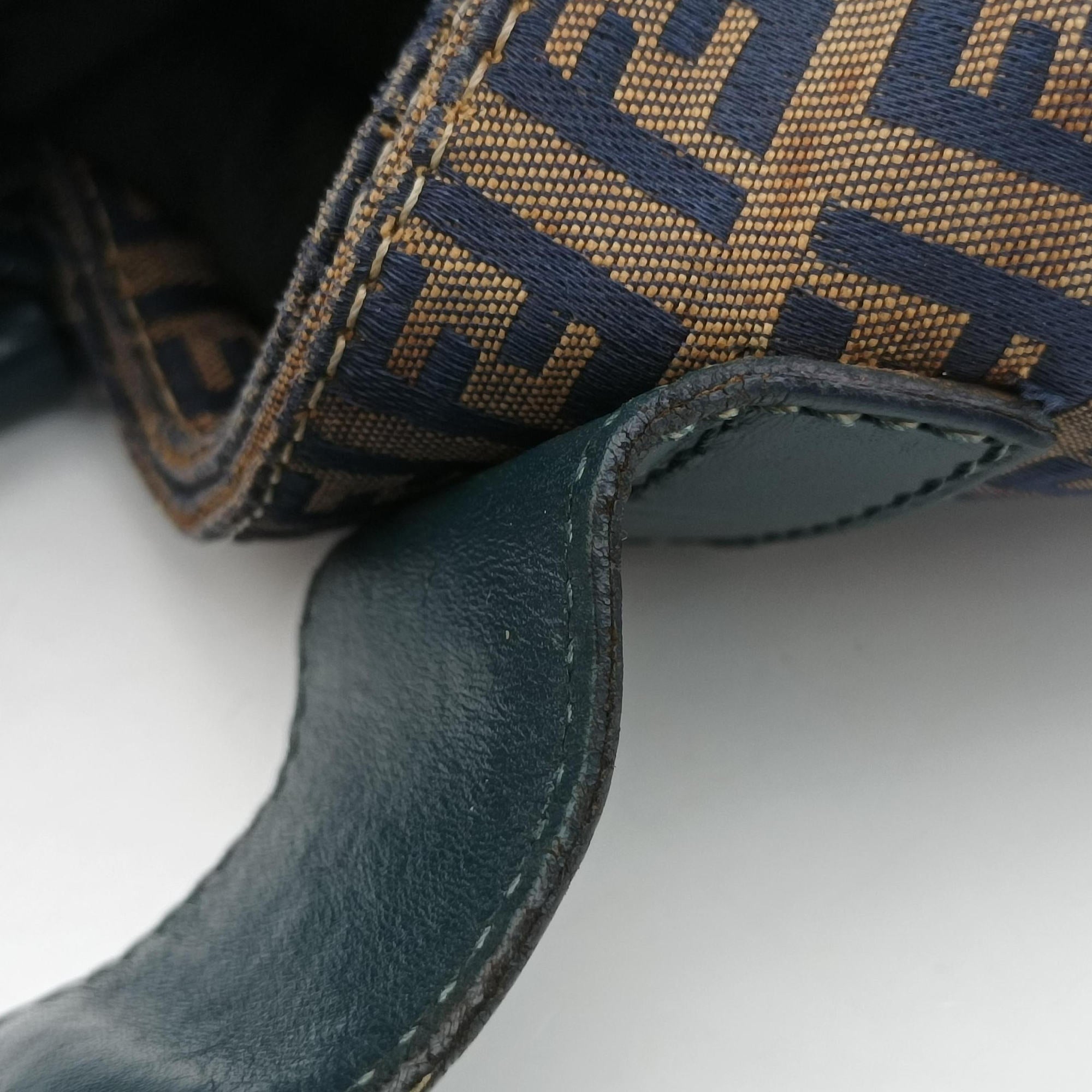 Pre-owned Fendi Zucchino Navy×Brown canvas×leather 8BR616 shoulderbag | stylenewstar