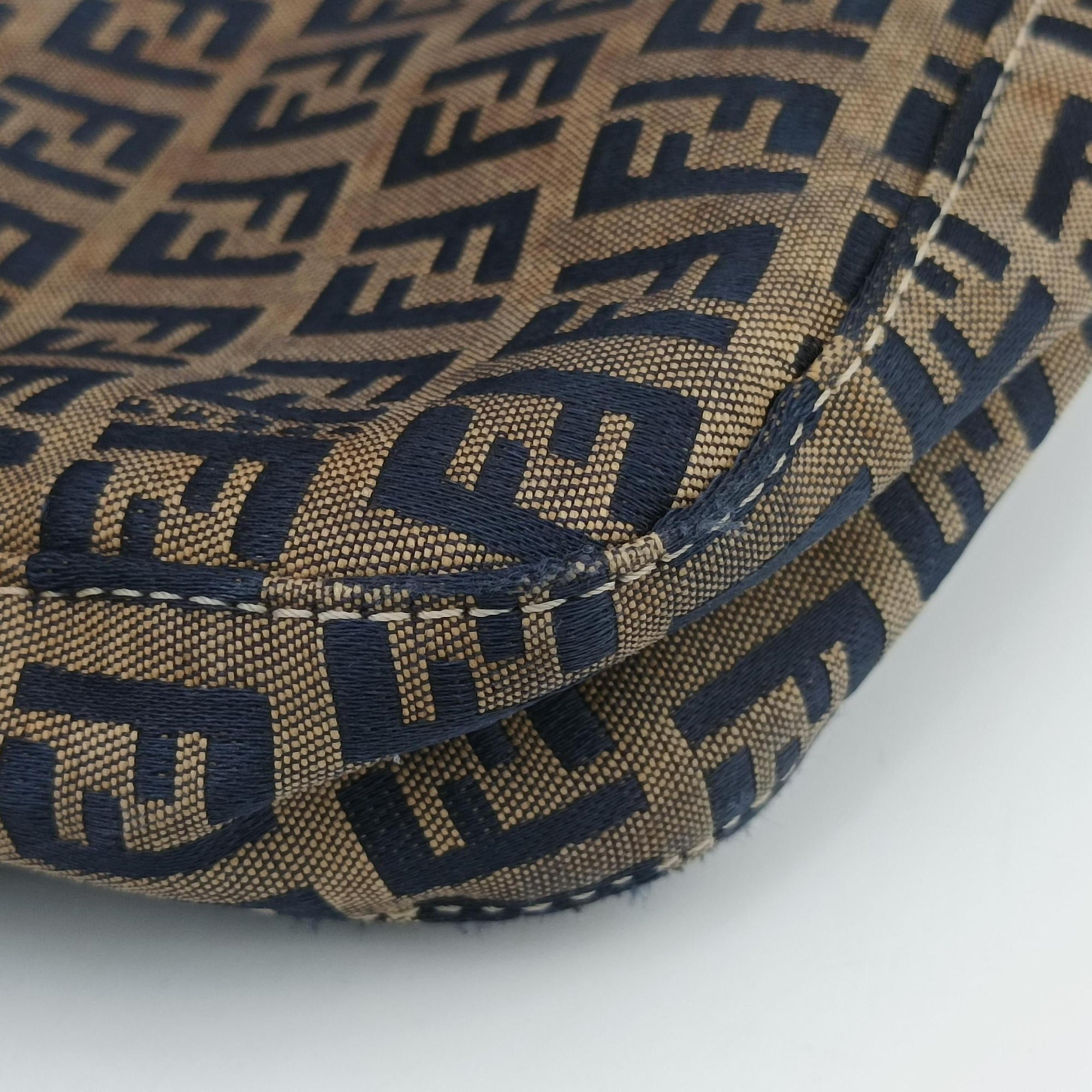 Pre-owned Fendi Zucchino Navy×Brown canvas×leather 8BR616 shoulderbag | stylenewstar