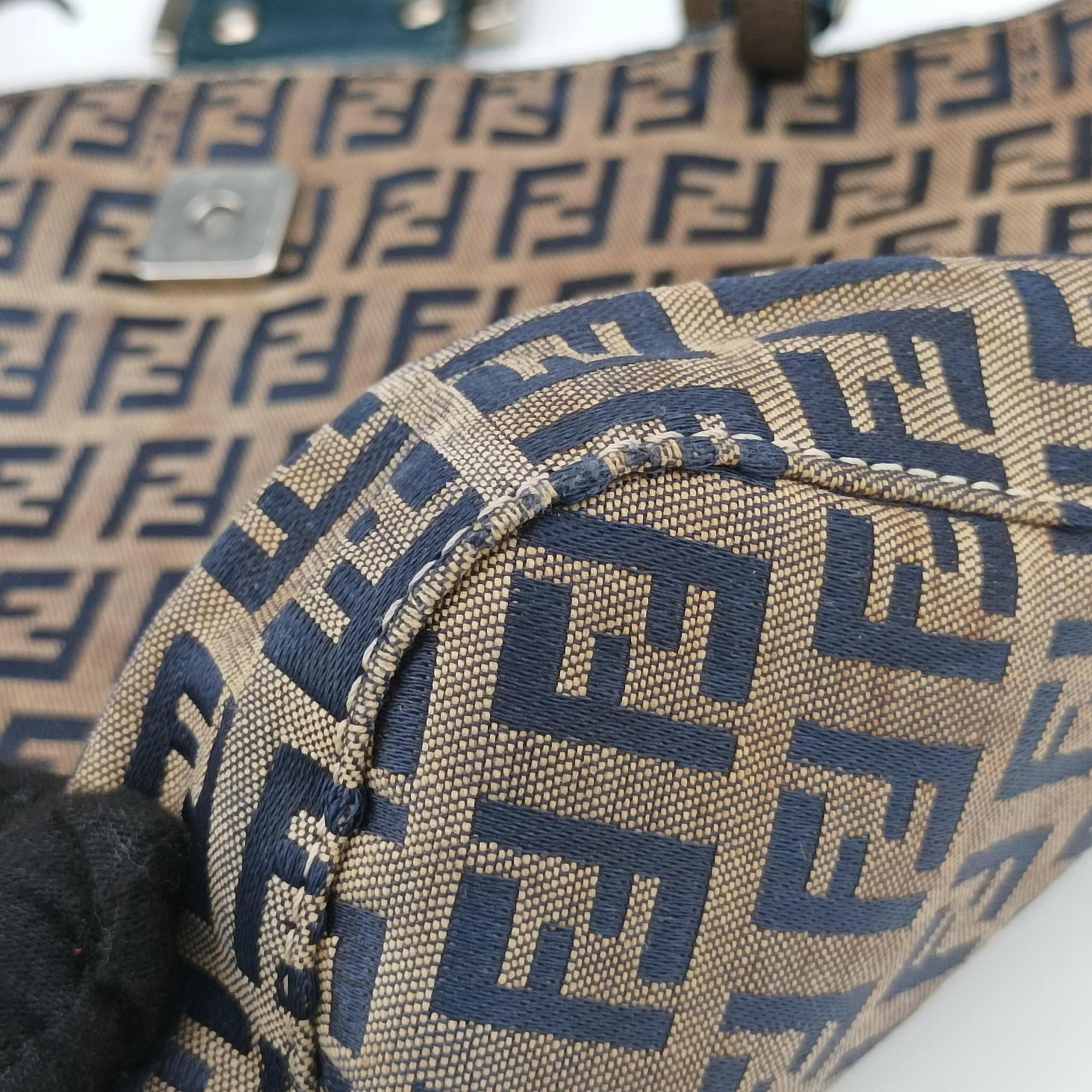 Pre-owned Fendi Zucchino Navy×Brown canvas×leather 8BR616 shoulderbag | stylenewstar