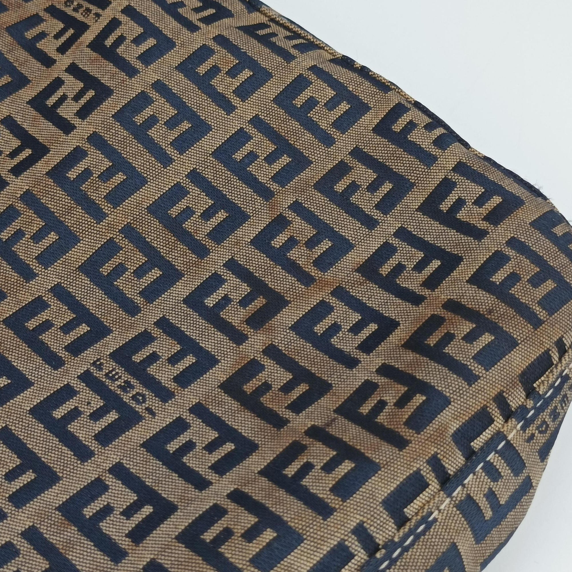 Pre-owned Fendi Zucchino Navy×Brown canvas×leather 8BR616 shoulderbag | stylenewstar