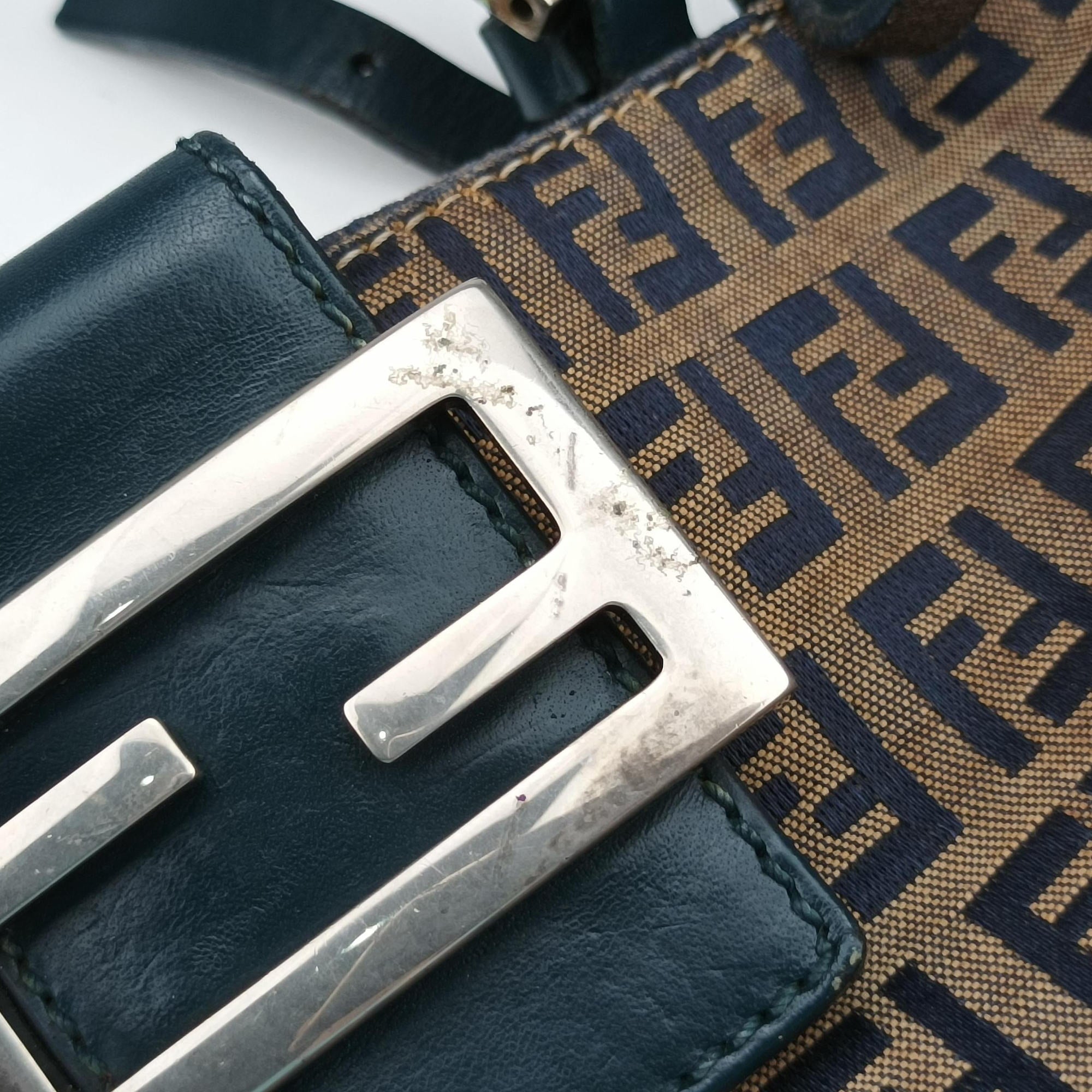 Pre-owned Fendi Zucchino Navy×Brown canvas×leather 8BR616 shoulderbag | stylenewstar