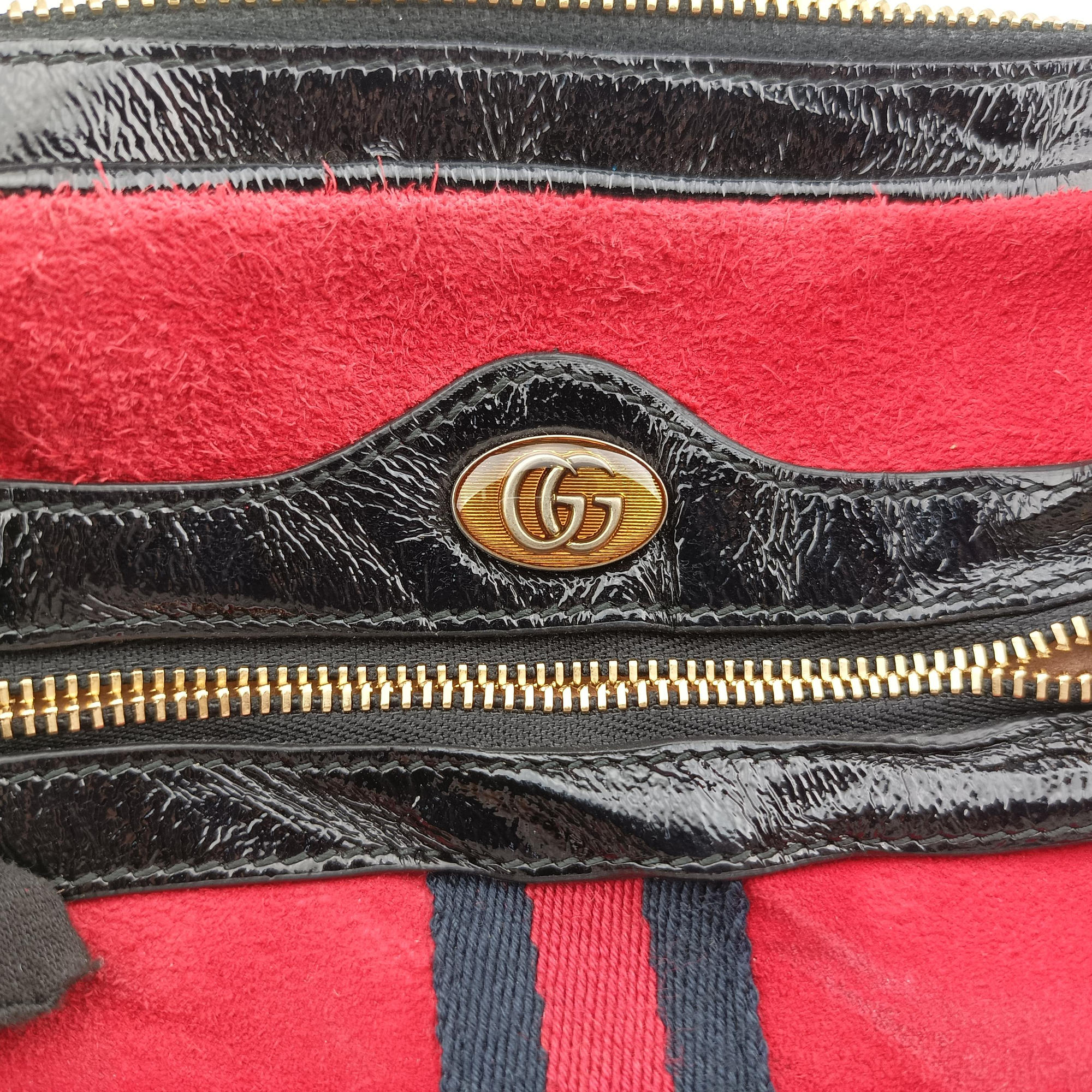 Pre-owned Gucci OPHIDIA Black×red suede×Patent Leather 517350 shoulderbag | stylenewstar