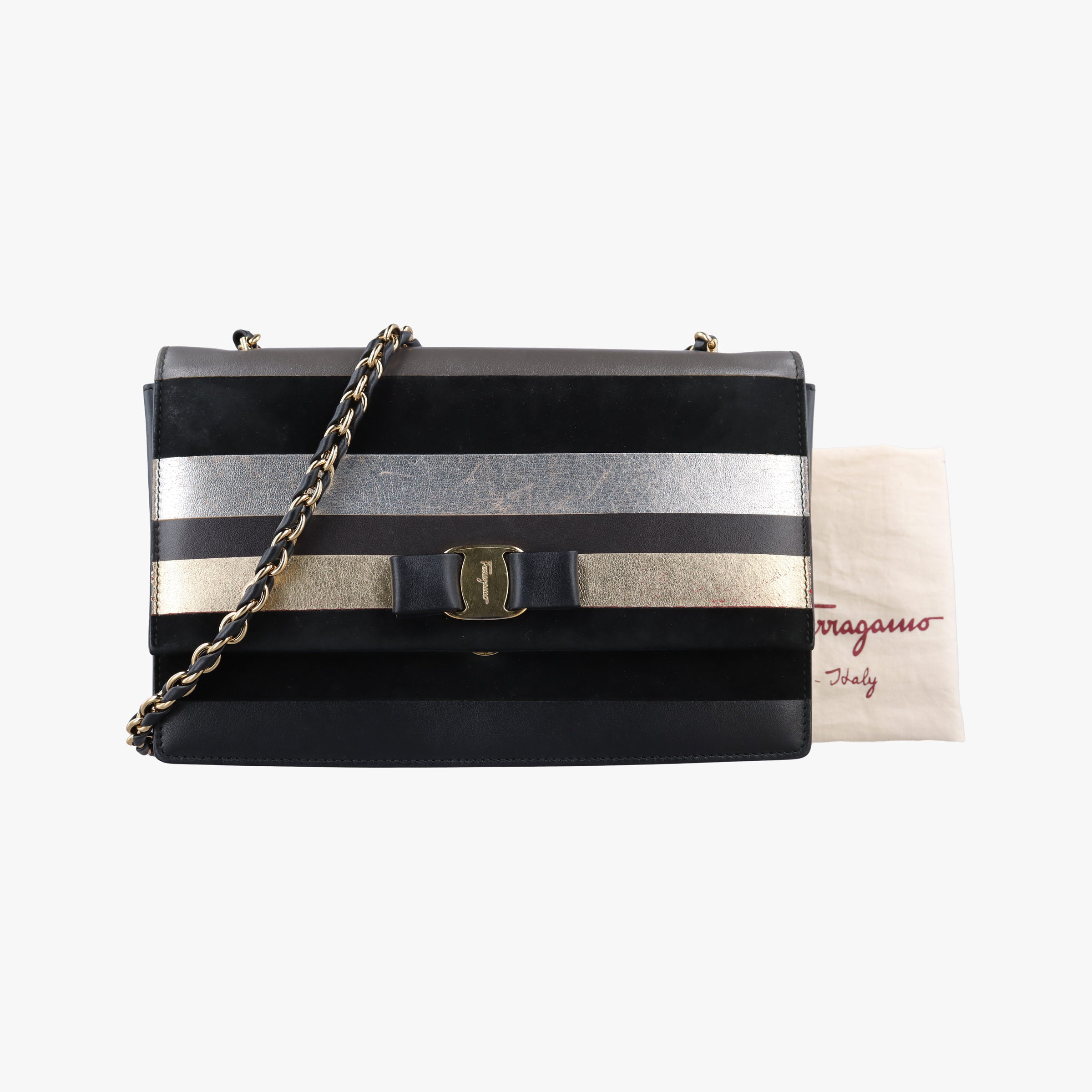 Vintage Ferragamo Vara Stripe Black× Gold×Silver Leather  shoulderbag | stylenewstar