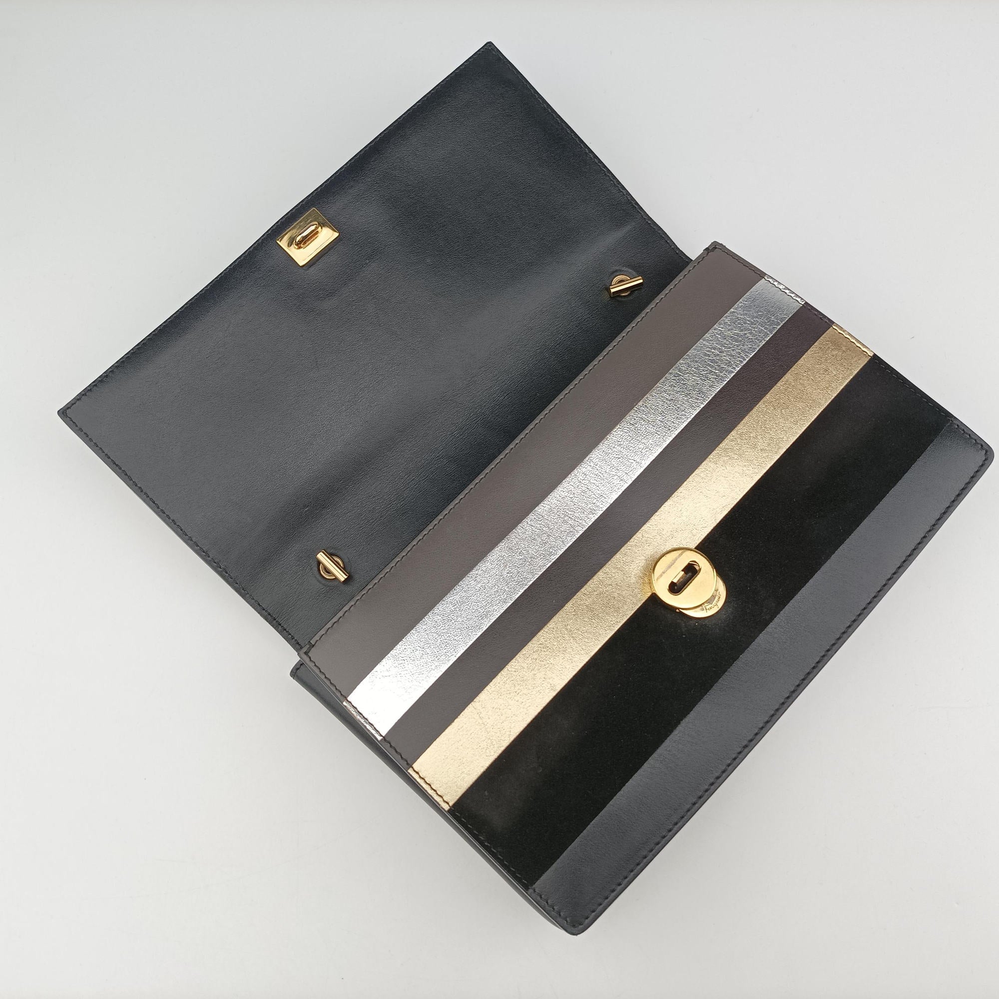 Vintage Ferragamo Vara Stripe Black× Gold×Silver Leather  shoulderbag | stylenewstar