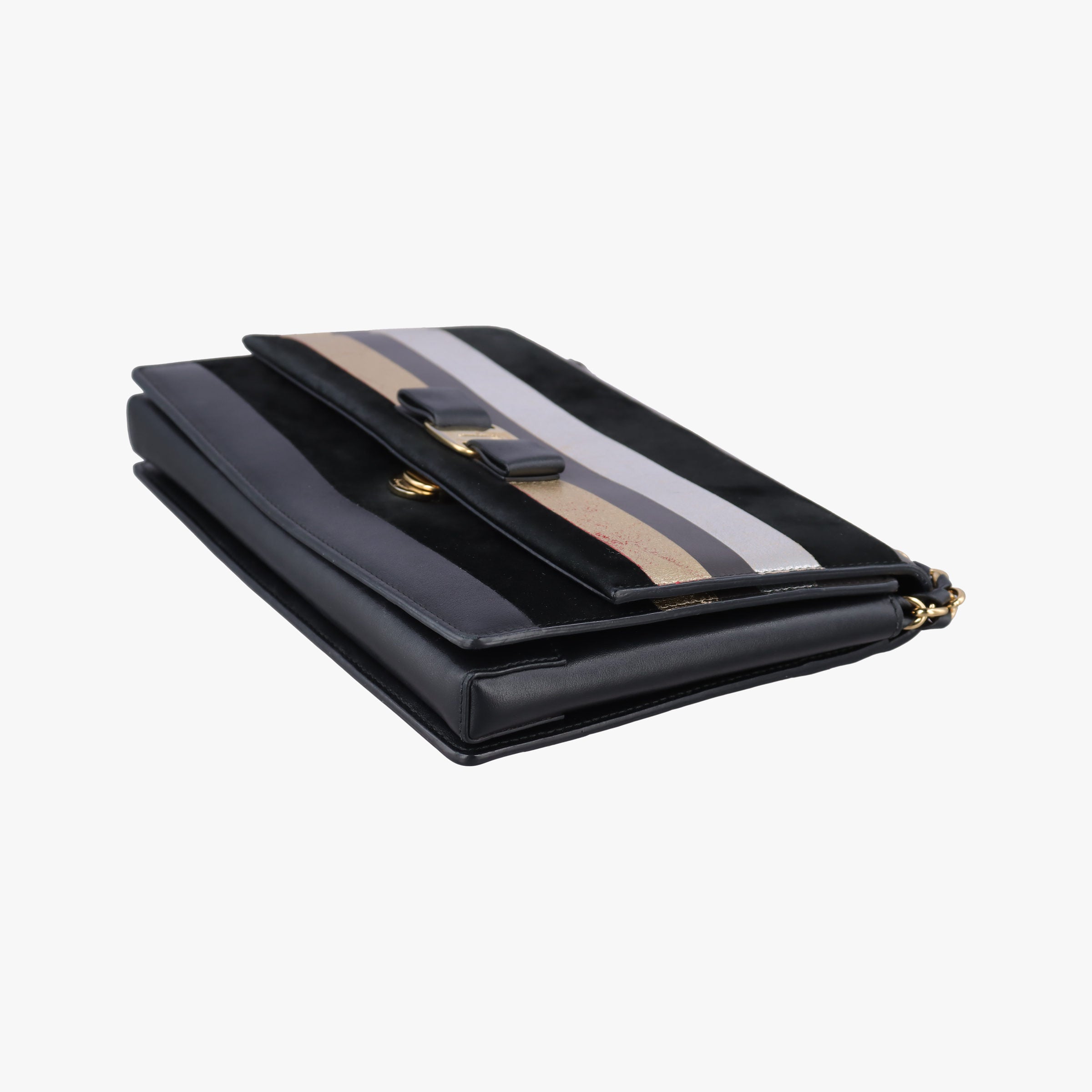 Vintage Ferragamo Vara Stripe Black× Gold×Silver Leather  shoulderbag | stylenewstar