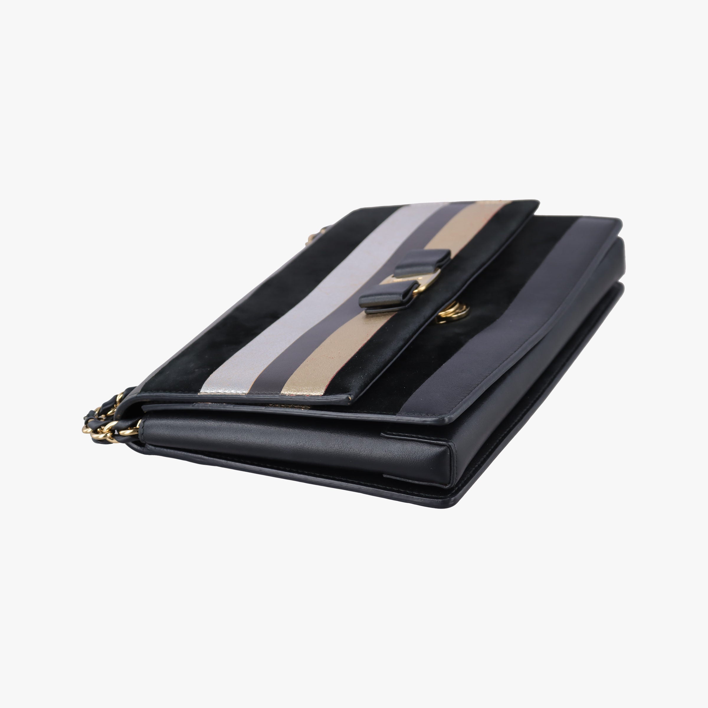 Vintage Ferragamo Vara Stripe Black× Gold×Silver Leather  shoulderbag | stylenewstar