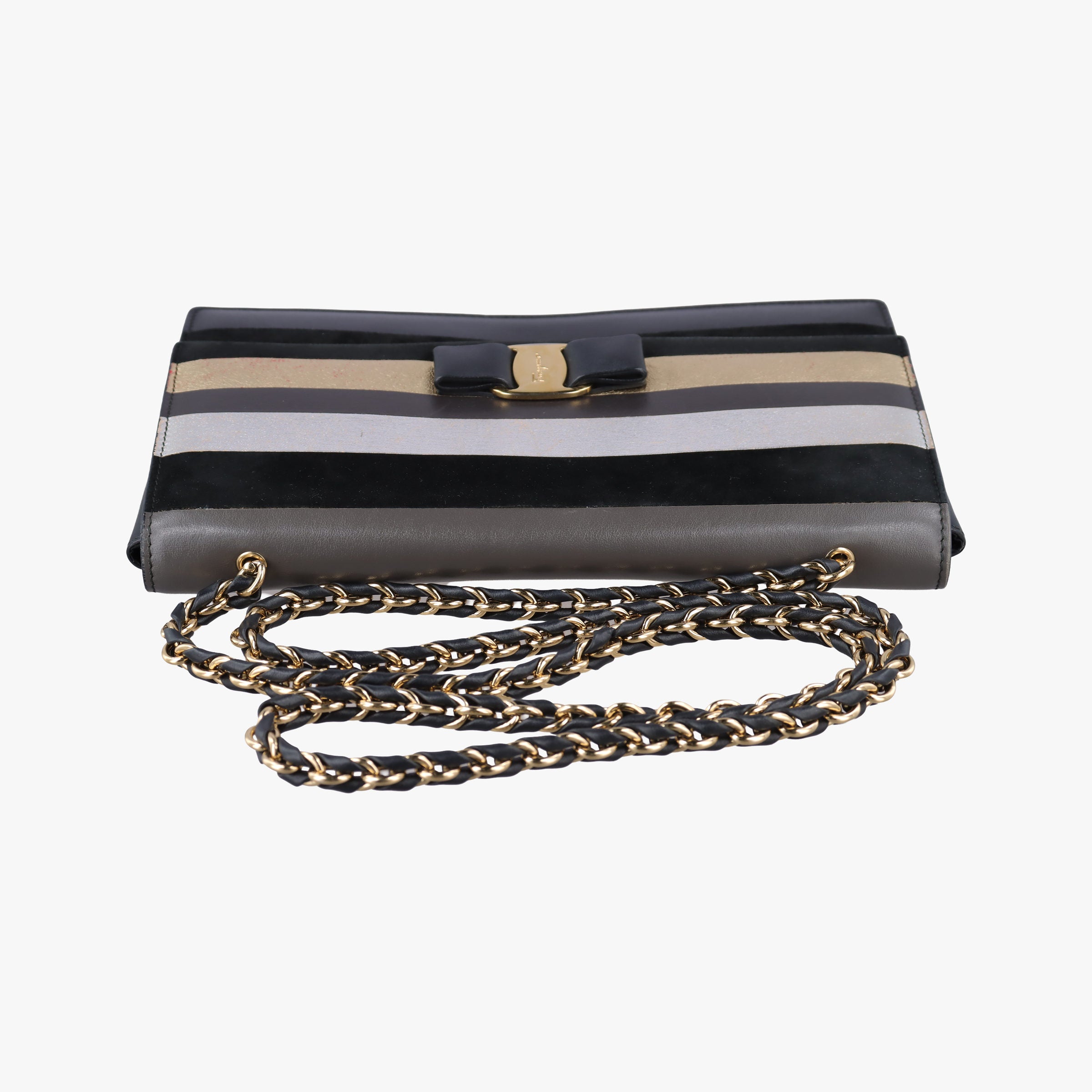 Vintage Ferragamo Vara Stripe Black× Gold×Silver Leather  shoulderbag | stylenewstar