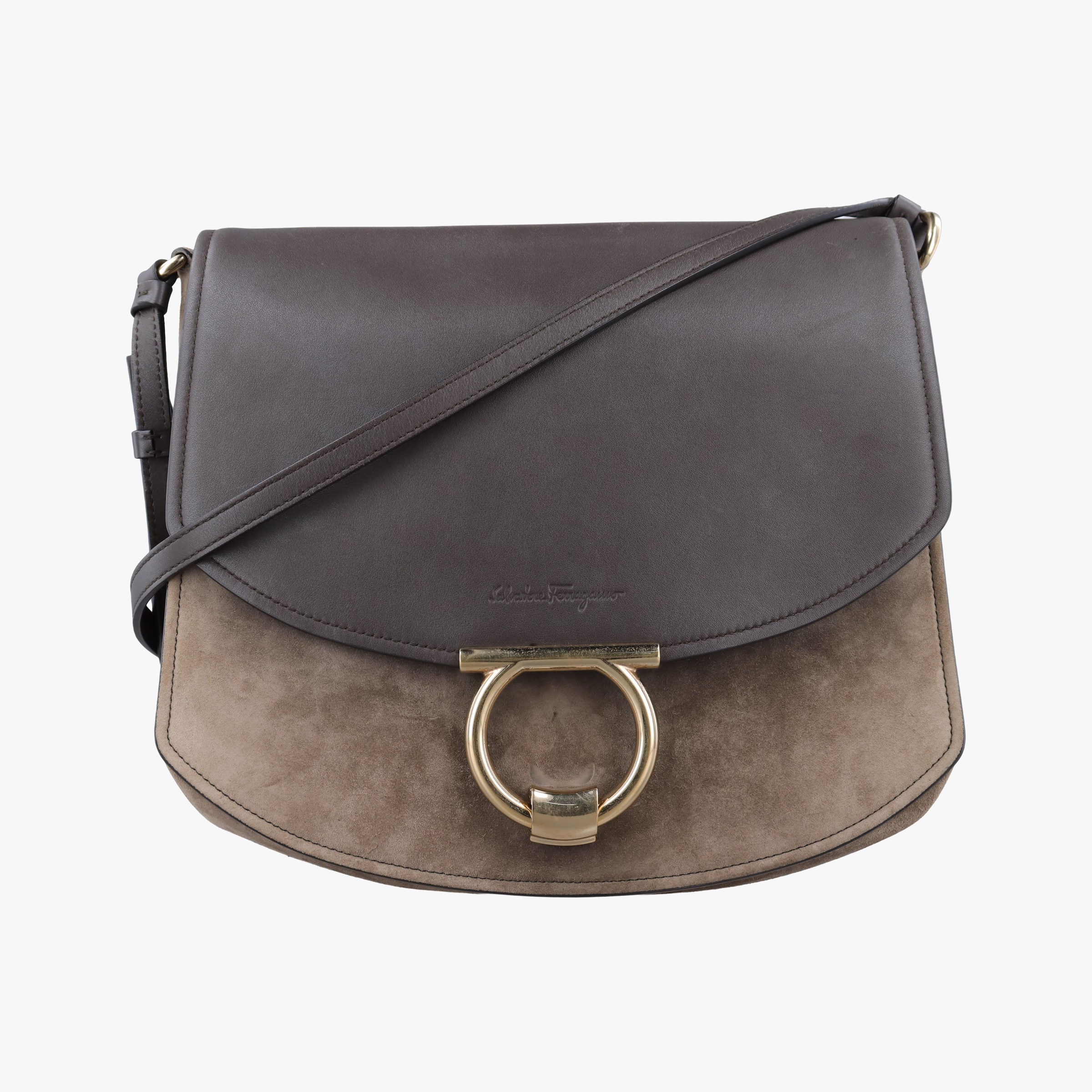 Pre-owned Ferragamo Margot Grey×Taupe Mixed Suede × leather  shoulderbag | stylenewstar