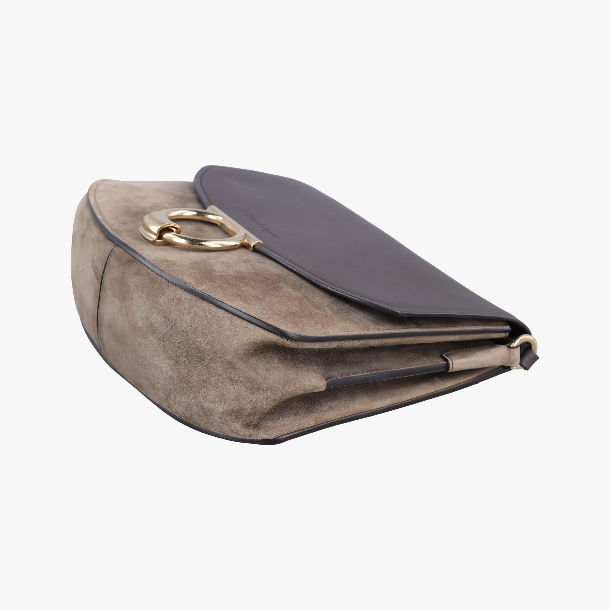 Pre-owned Ferragamo Margot Grey×Taupe Mixed Suede × leather  shoulderbag | stylenewstar