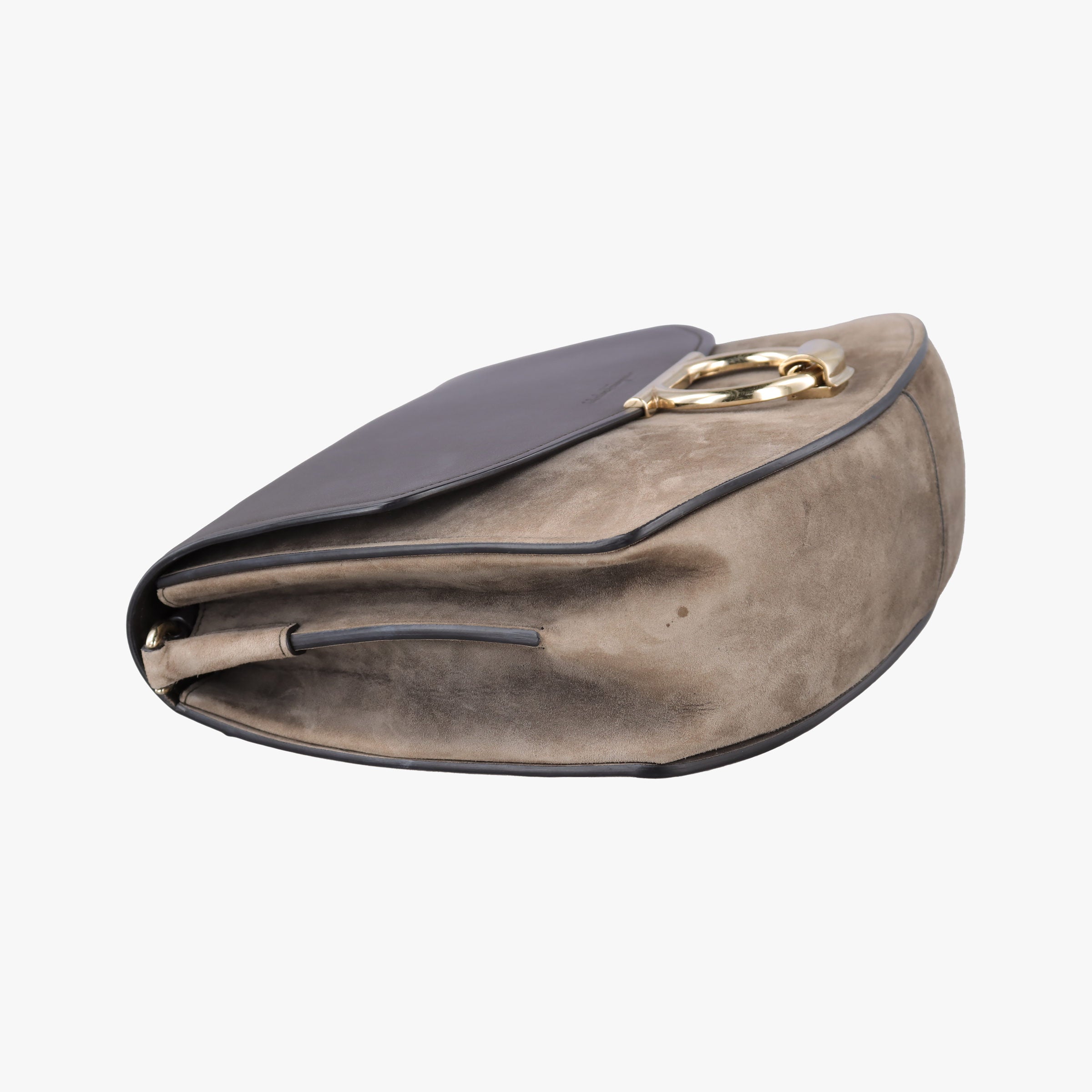 Pre-owned Ferragamo Margot Grey×Taupe Mixed Suede × leather  shoulderbag | stylenewstar