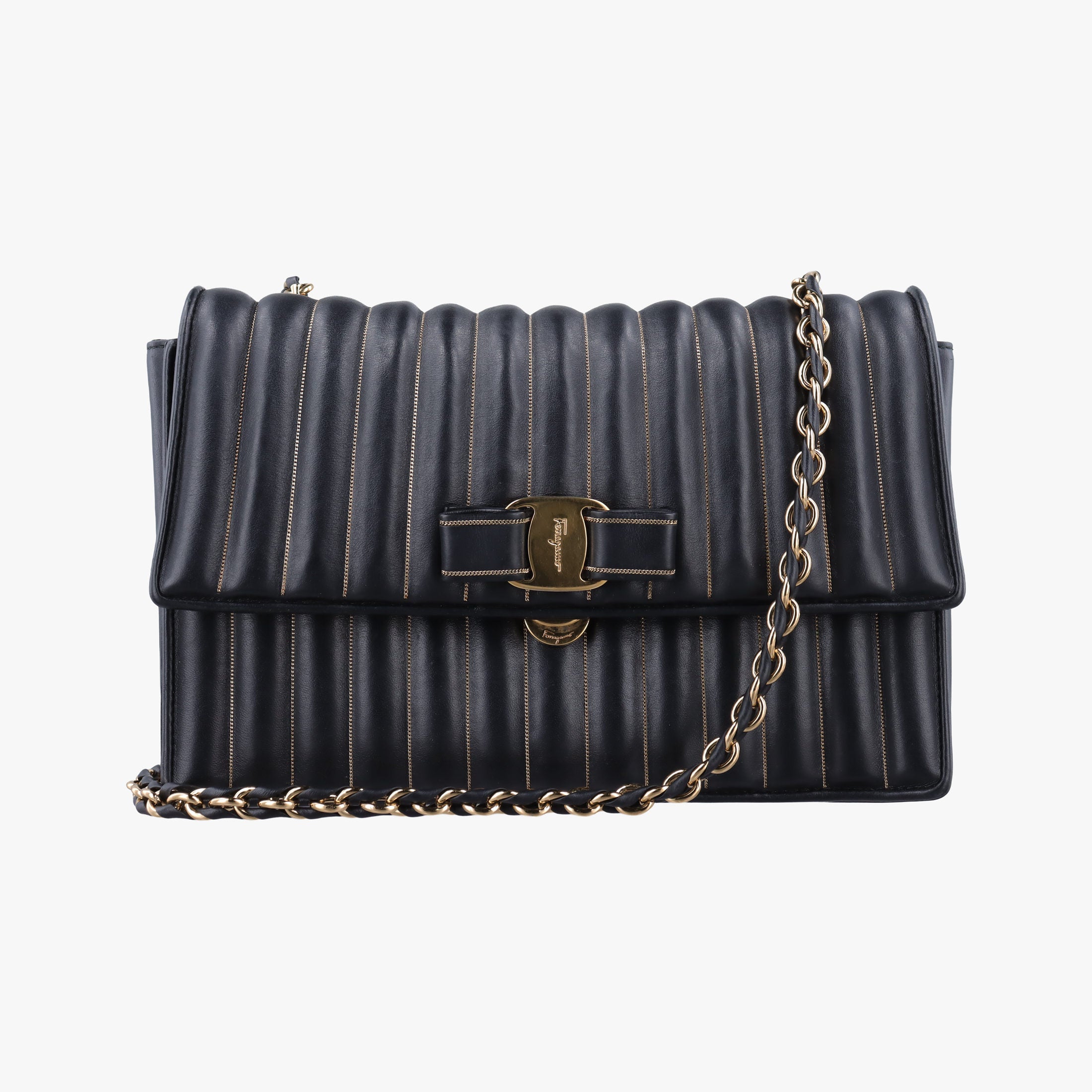 Secondhand Ferragamo Vara Logo Ribbon Stripe Black Leather  shoulderbag | stylenewstar