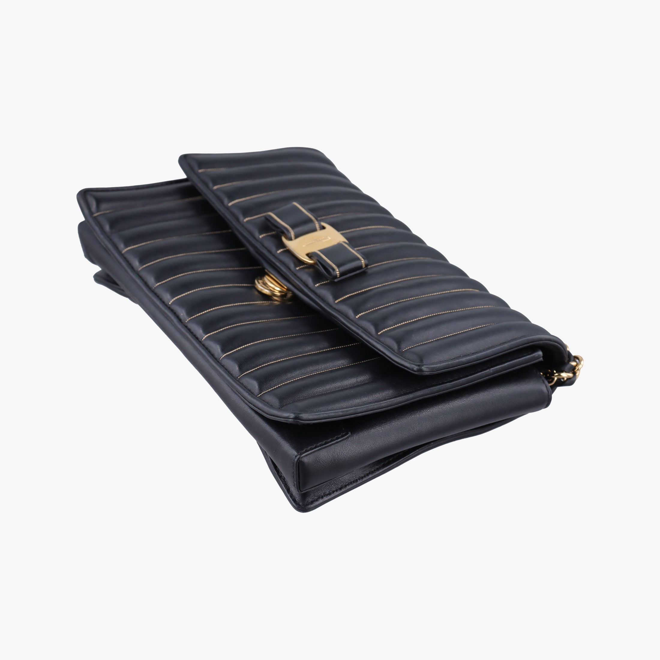 Secondhand Ferragamo Vara Logo Ribbon Stripe Black Leather  shoulderbag | stylenewstar