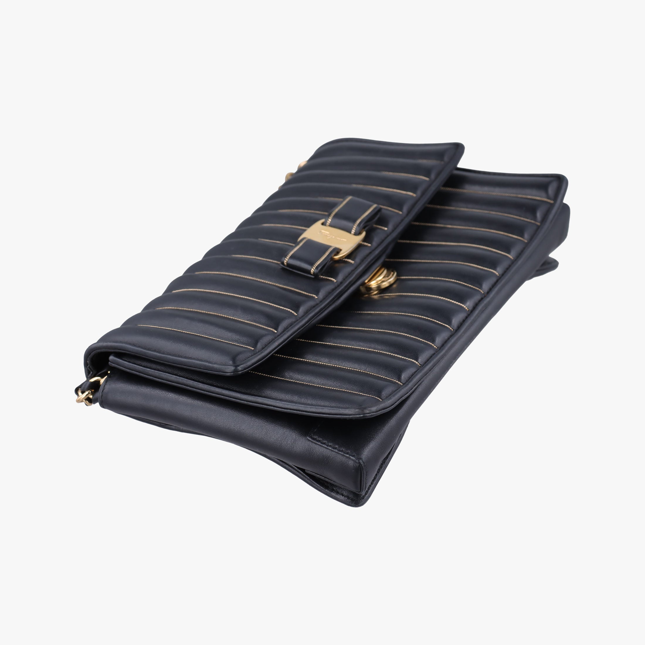 Secondhand Ferragamo Vara Logo Ribbon Stripe Black Leather  shoulderbag | stylenewstar