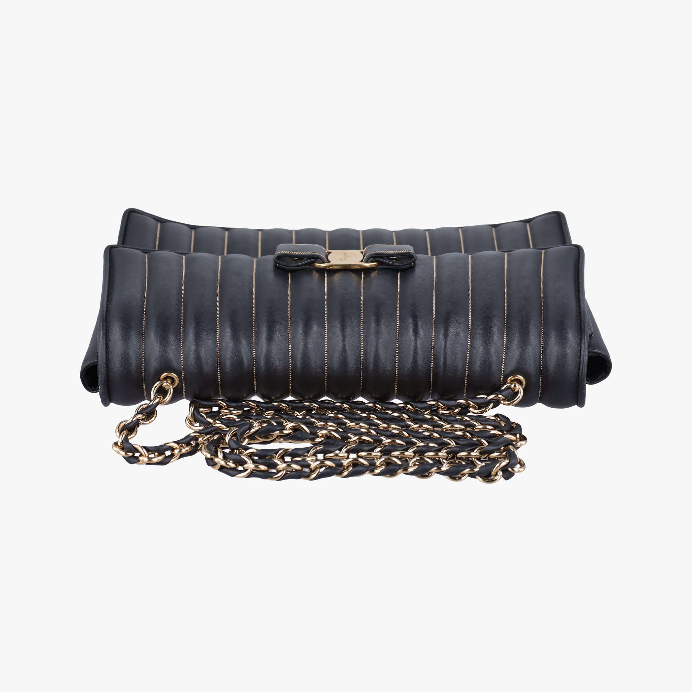 Secondhand Ferragamo Vara Logo Ribbon Stripe Black Leather  shoulderbag | stylenewstar