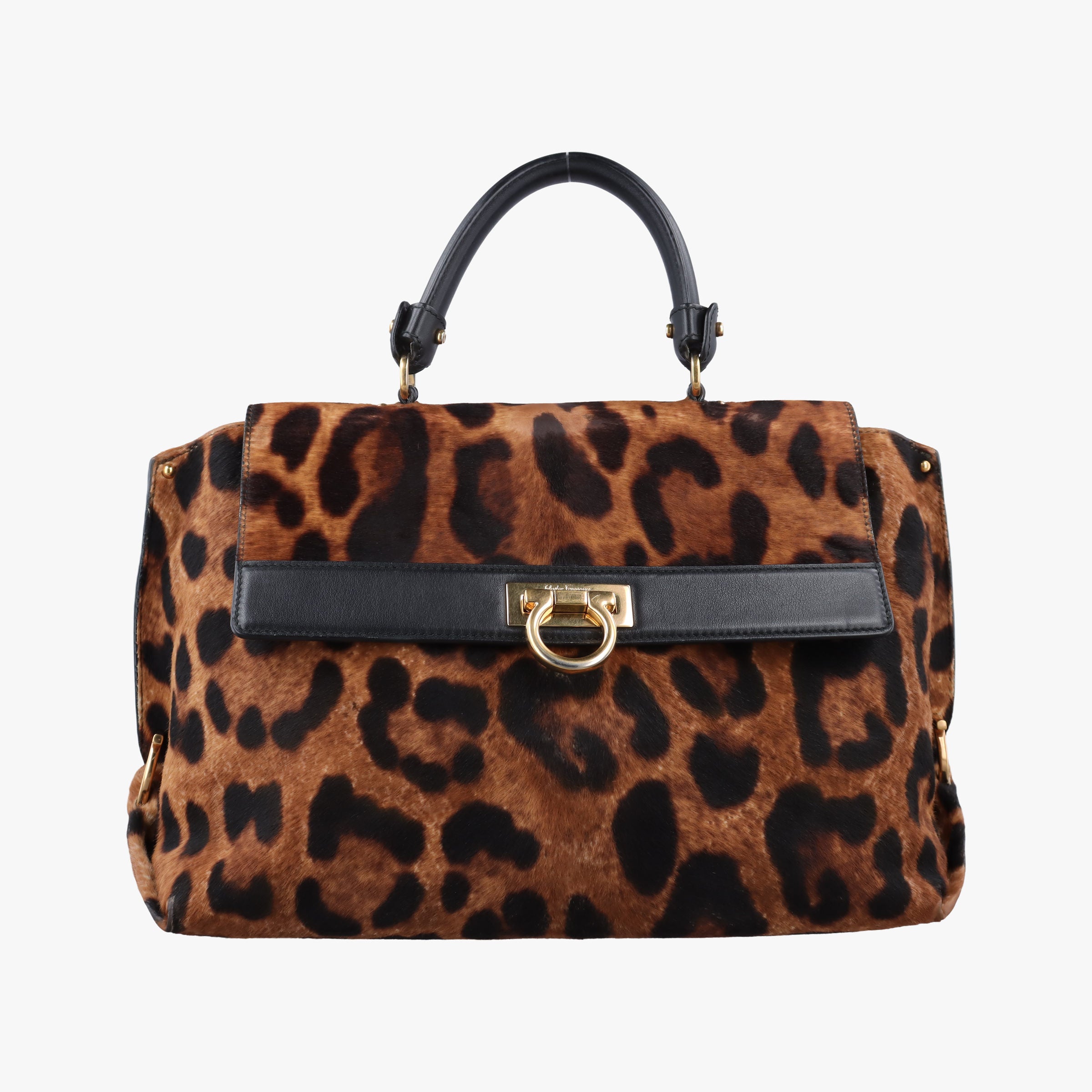 Pre-owned Ferragamo Sofia Gancini Leopard Print × Black ponyhair×leather  handbag | stylenewstar