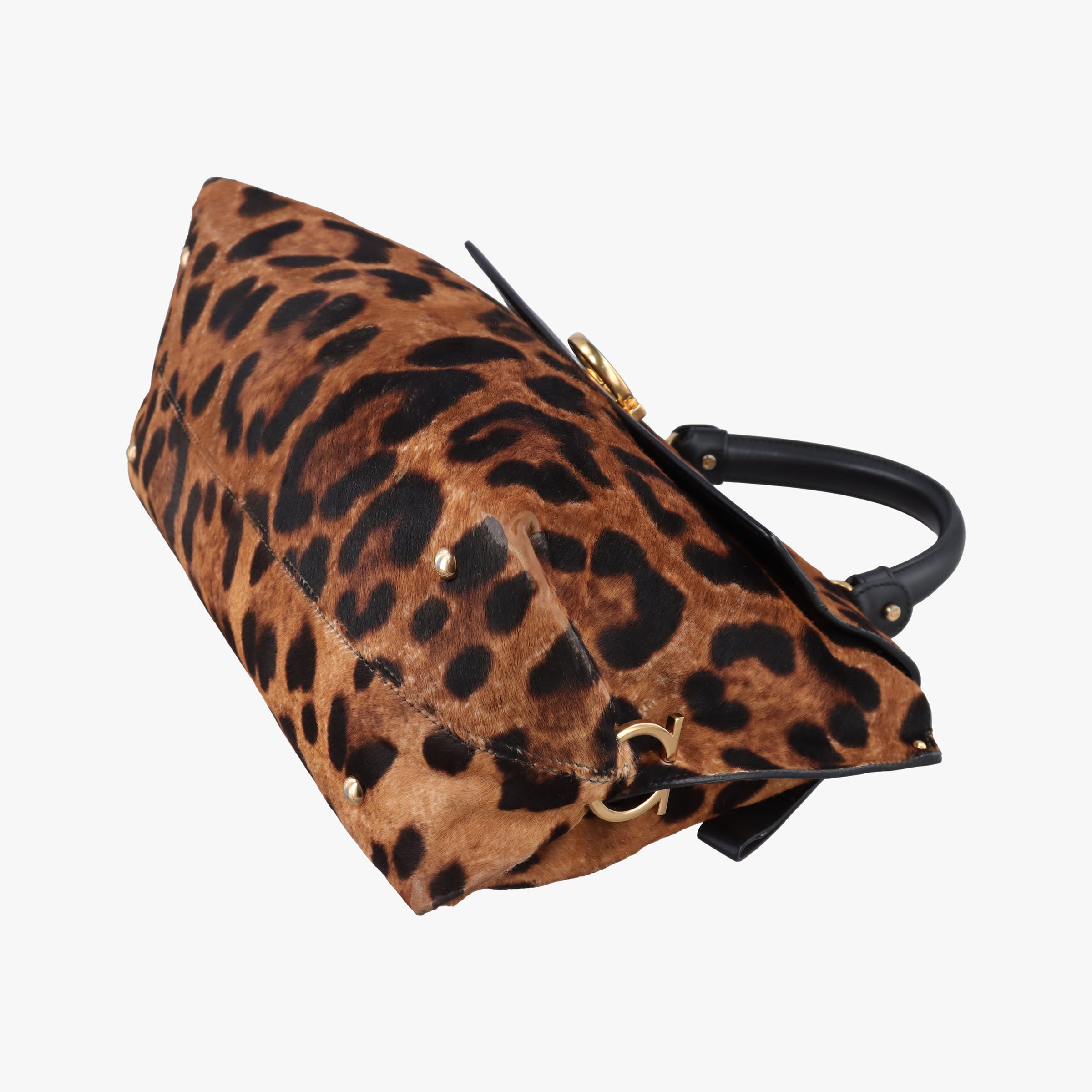 Pre-owned Ferragamo Sofia Gancini Leopard Print × Black ponyhair×leather  handbag | stylenewstar