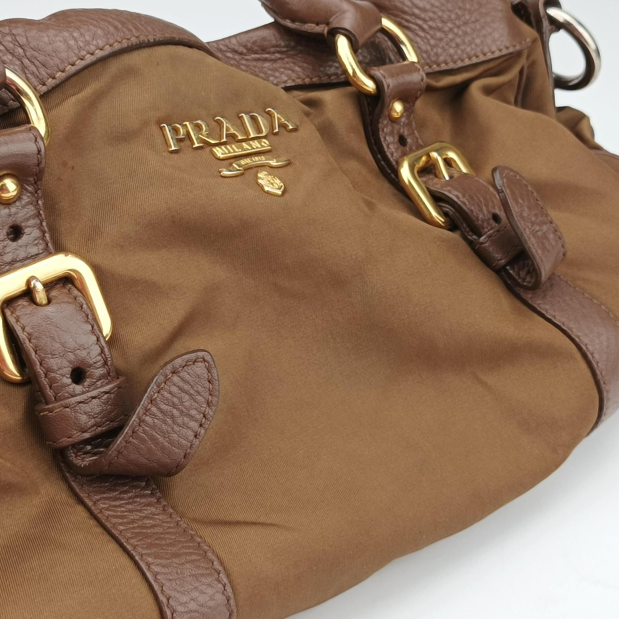 Pre-owned Prada Tessuto Nappa Gaufre Satchel Rovere Brown nylon×Leather  shoulderbag | stylenewstar