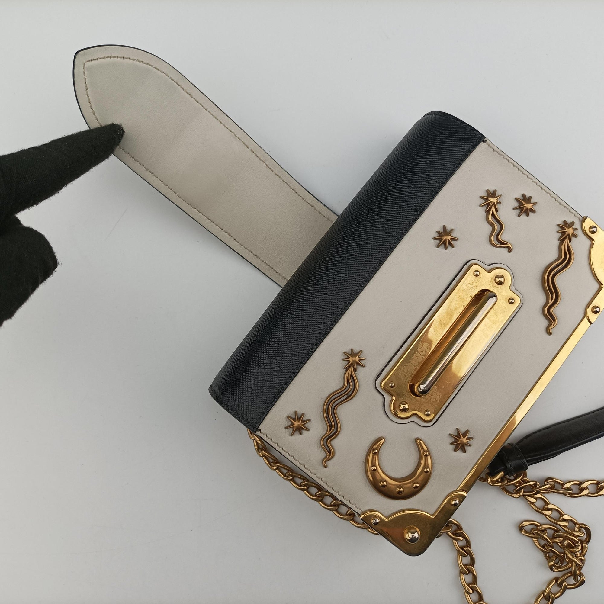 Pre-owned Prada Astrology Cahier White×Black Saffiano leather×Leather  shoulderbag | stylenewstar