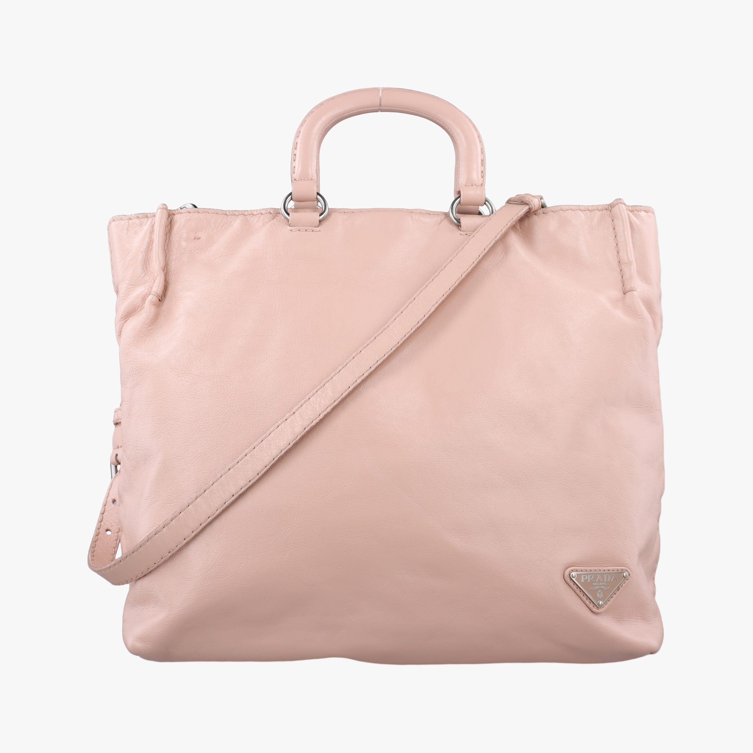 Pre-owned Prada Triangle Logo tote Pink Leather  shoulderbag | stylenewstar