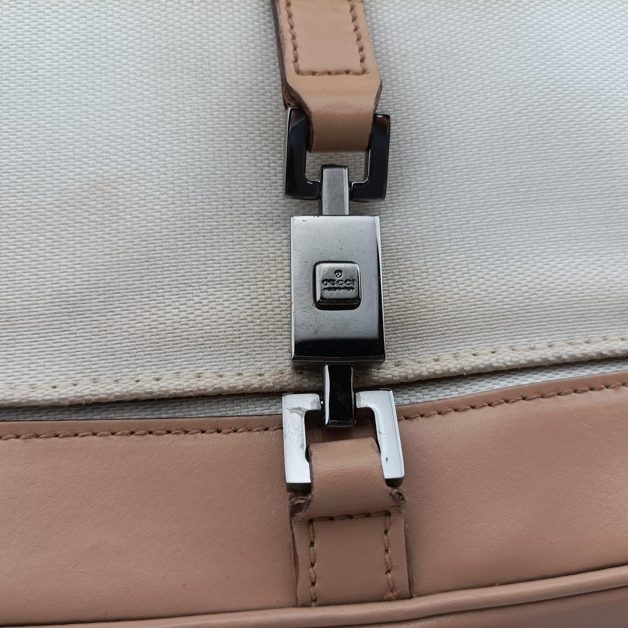 Pre-owned Gucci Jackie White× Brown Canvas × Leather 001 38 shoulderbag | stylenewstar