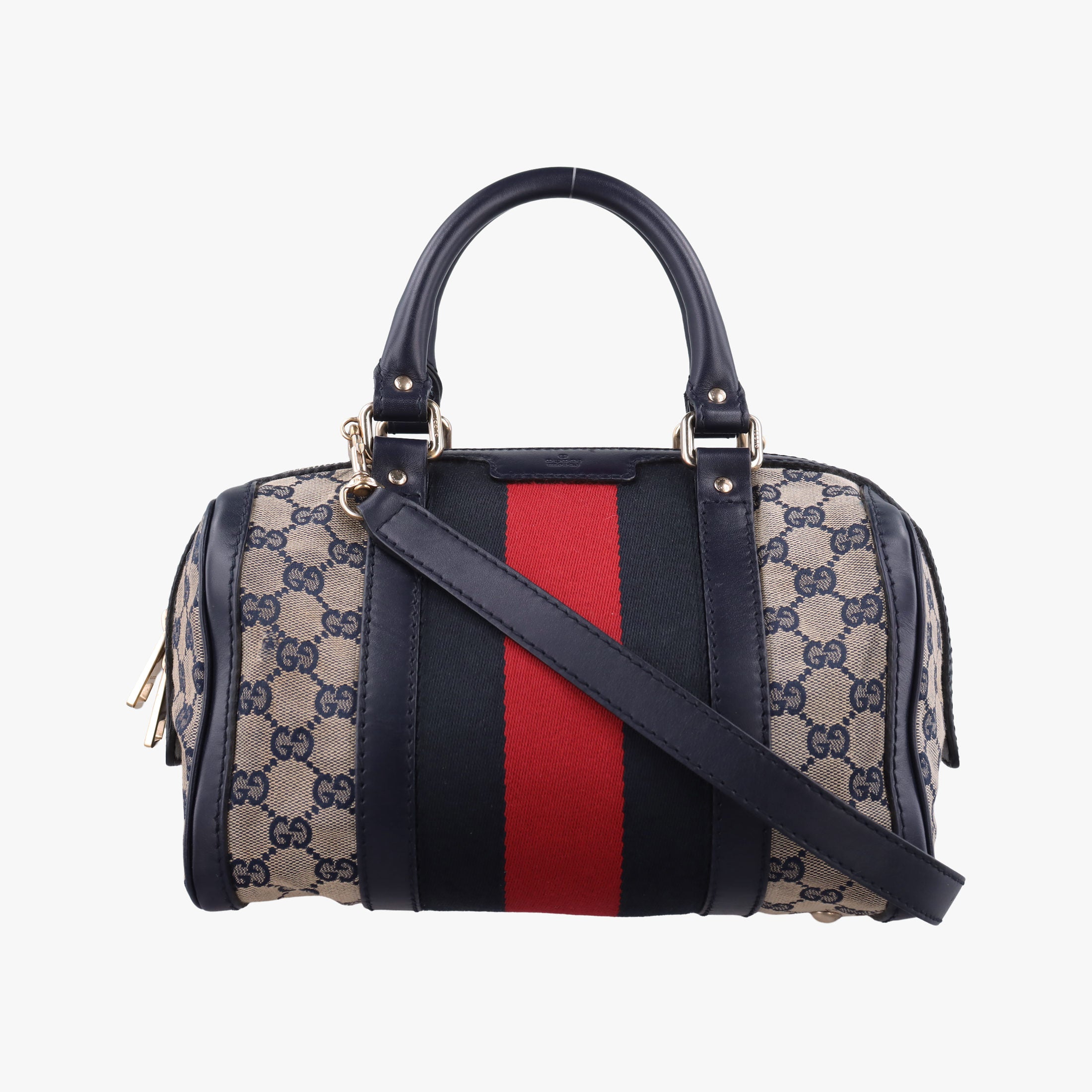 Pre-owned Gucci Sherry Line navy×red×beige Leather×canvas 269876 shoulderbag | stylenewstar