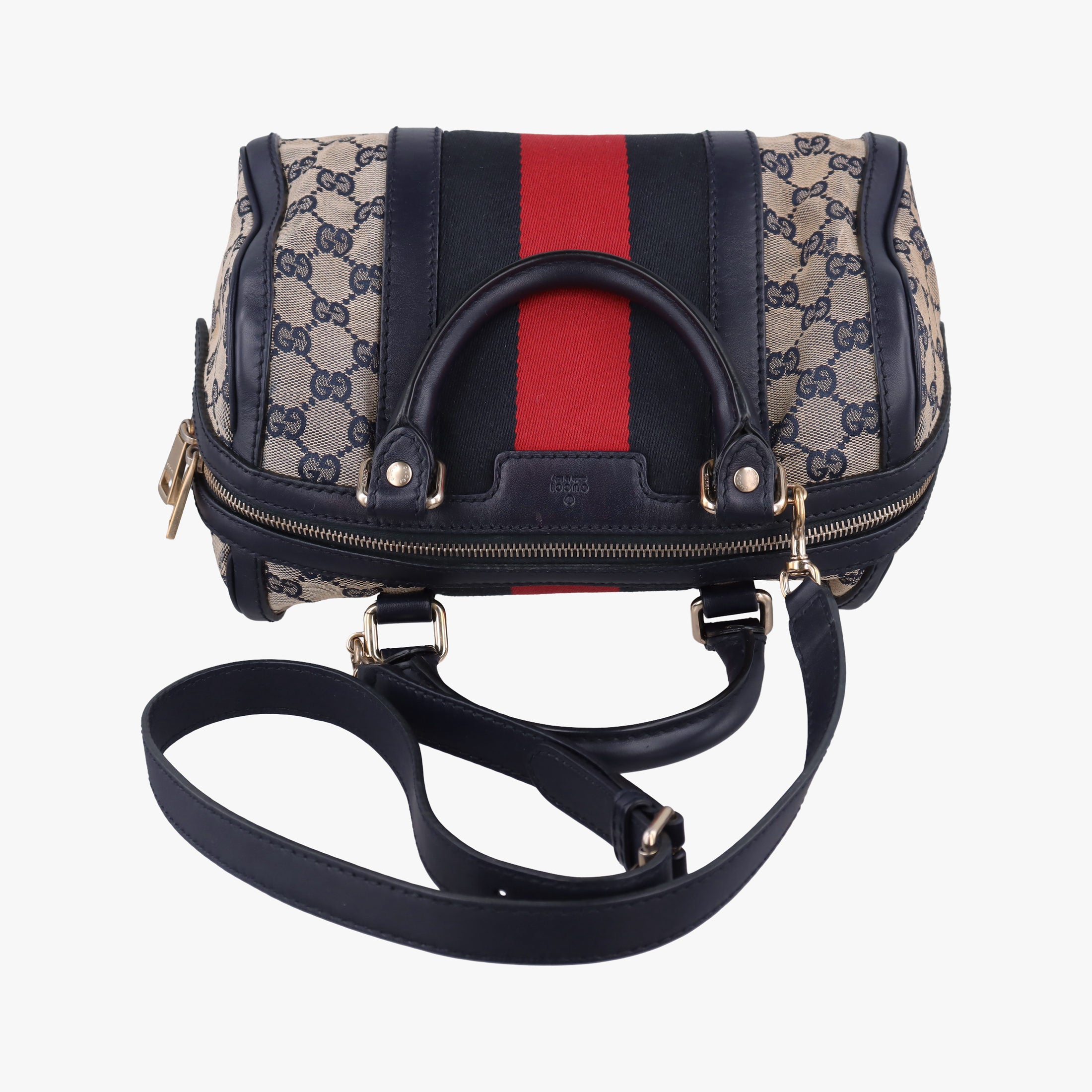 Pre-owned Gucci Sherry Line navy×red×beige Leather×canvas 269876 shoulderbag | stylenewstar