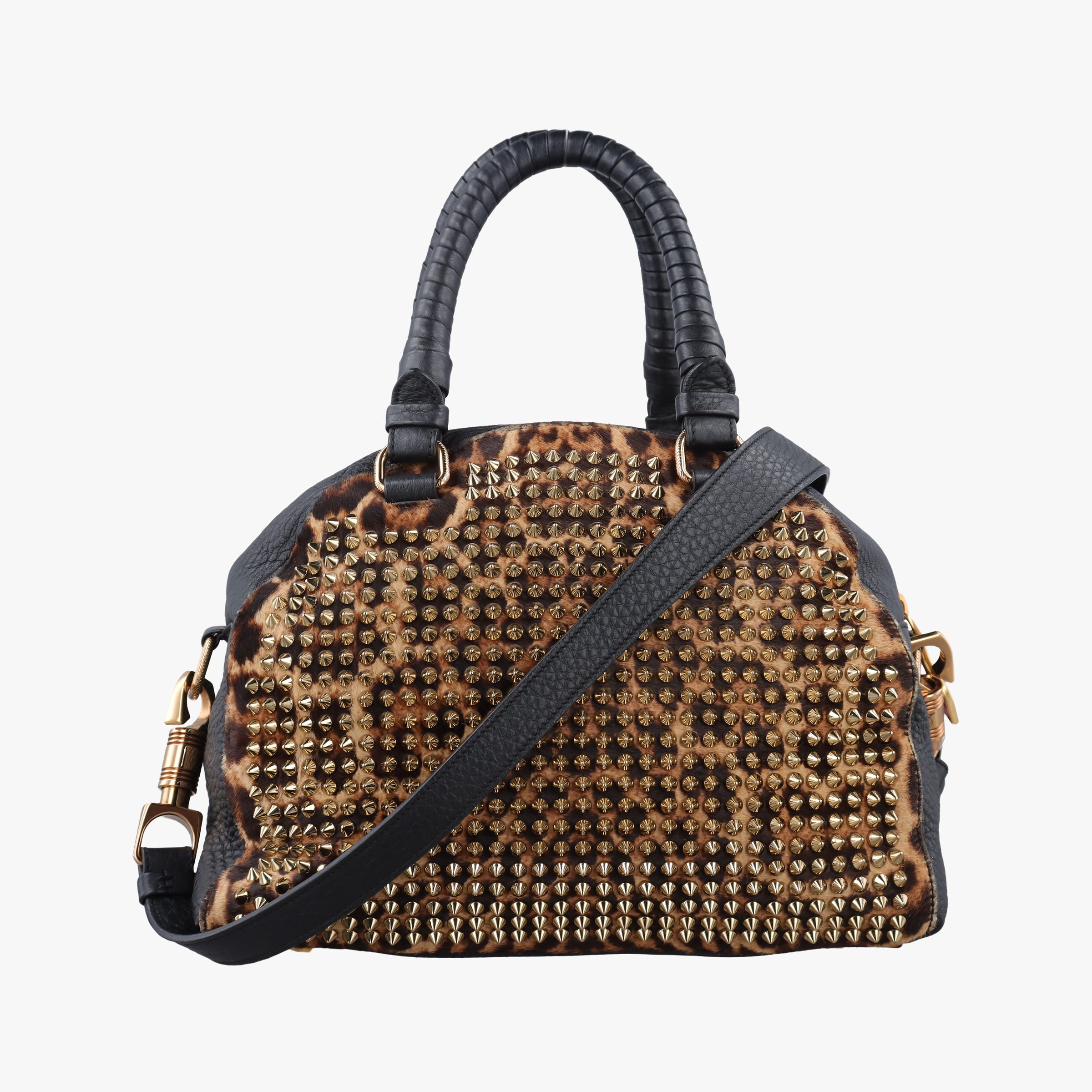 Pre-owned Christian Louboutin Panettone Leopard print  ×  black ponyhair×Leather  shoulderbag | stylenewstar