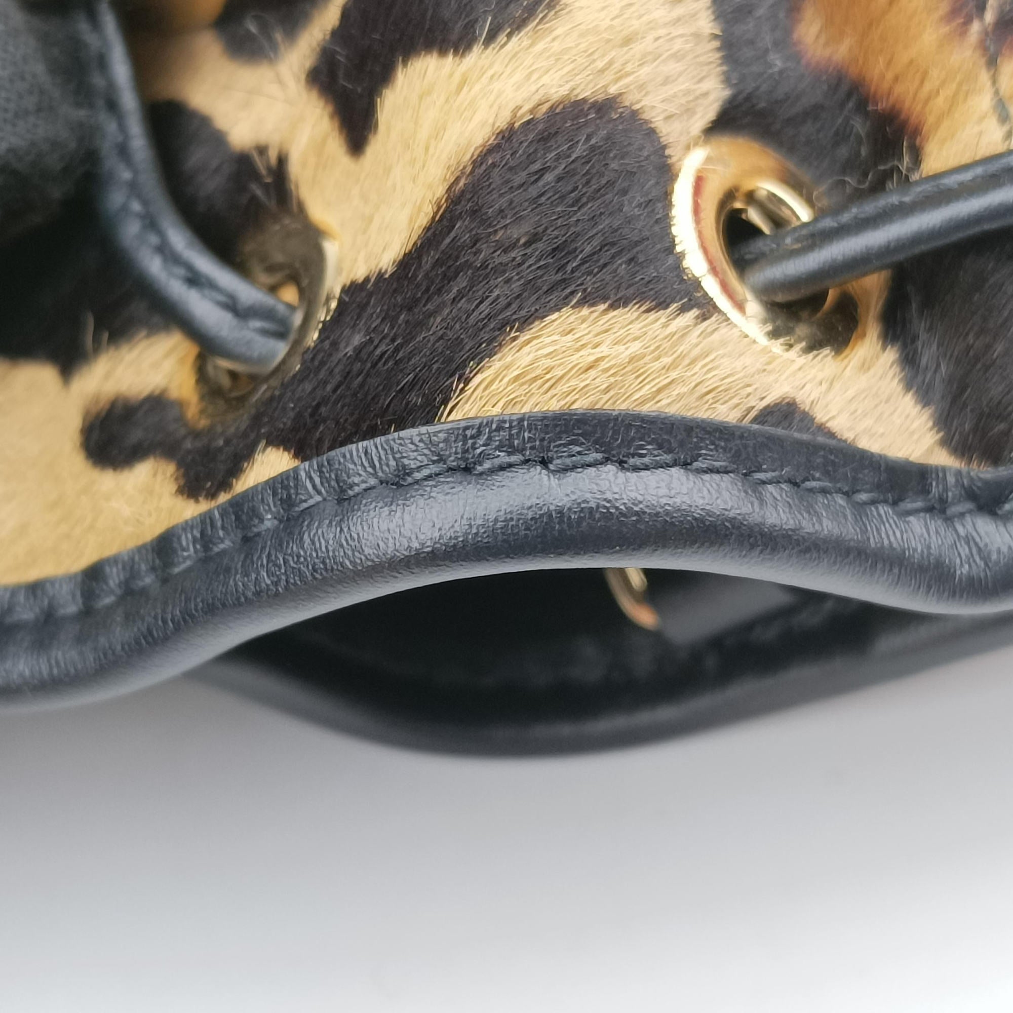 Pre-owned Prada Leopard print mini pouch Beige x Black x Light Brown pony hair×leather 1NR016 shoulderbag | stylenewstar