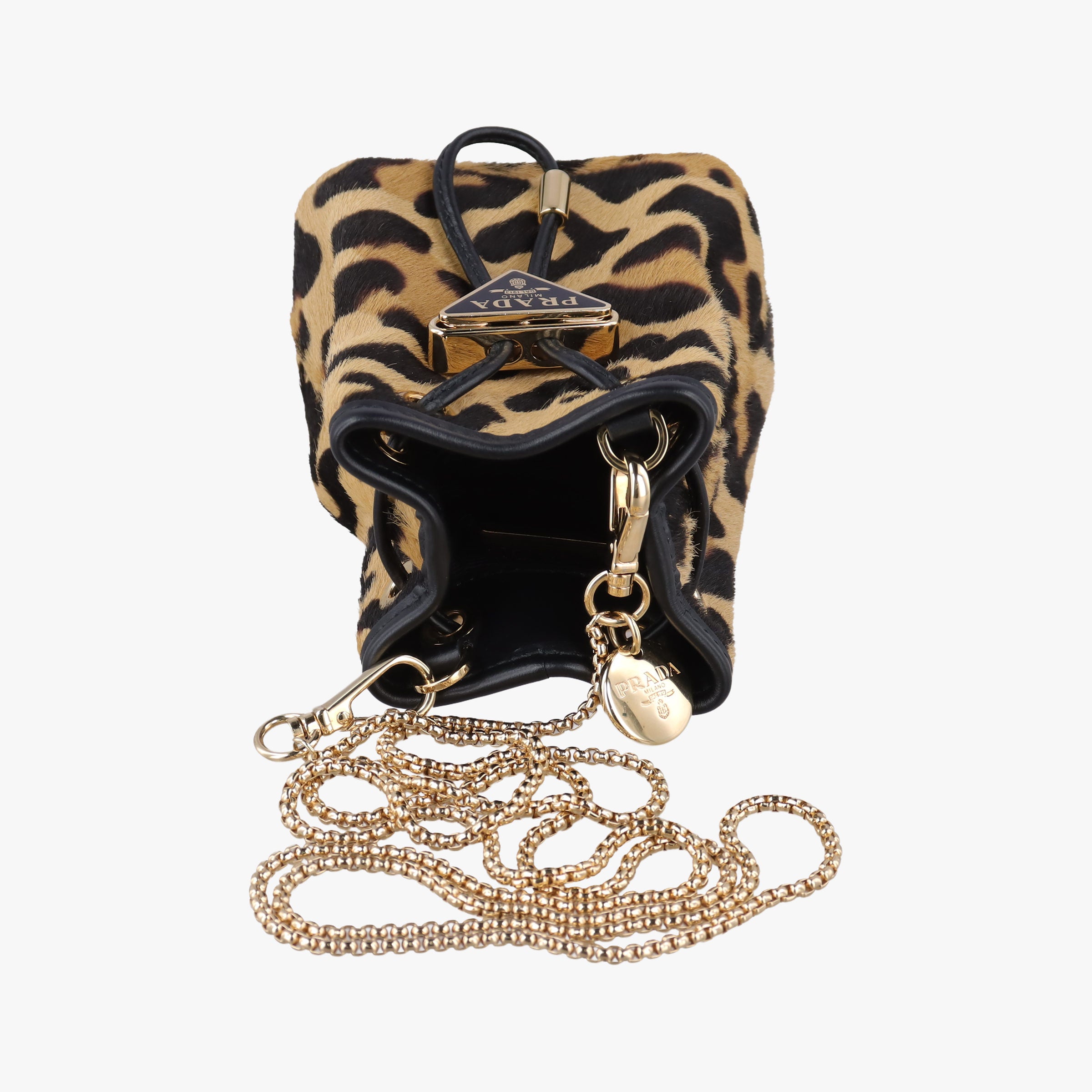 Pre-owned Prada Leopard print mini pouch Beige x Black x Light Brown pony hair×leather 1NR016 shoulderbag | stylenewstar