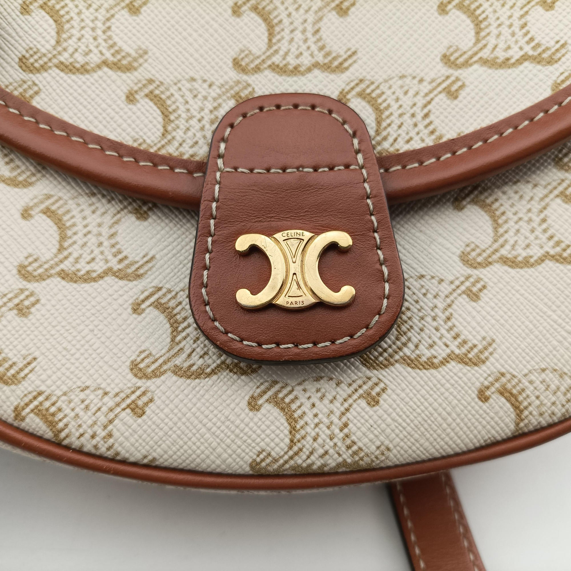 Vintage Celine Triomphe Mini Besace White×brown PVC coated canvas  shoulderbag | stylenewstar