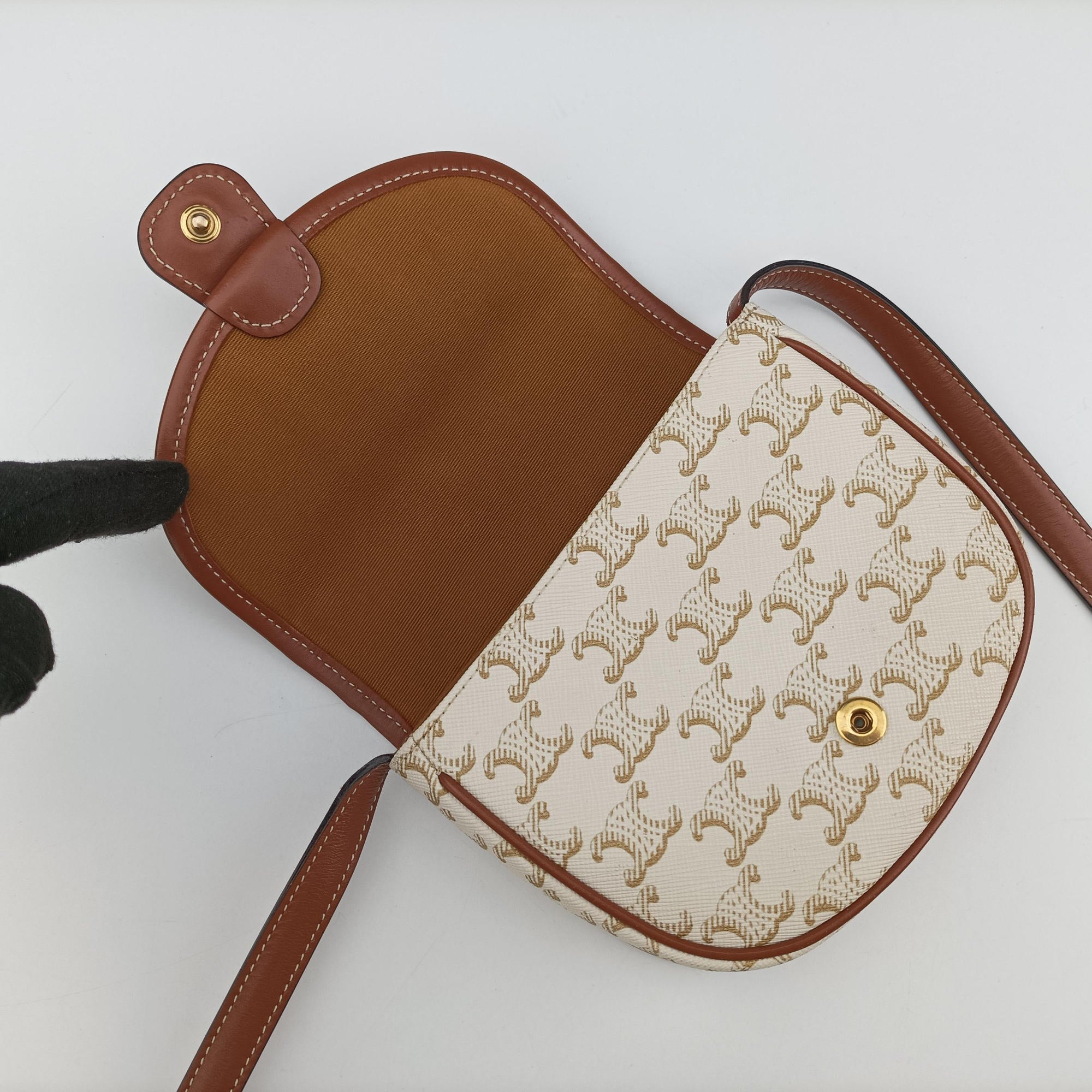 Vintage Celine Triomphe Mini Besace White×brown PVC coated canvas  shoulderbag | stylenewstar