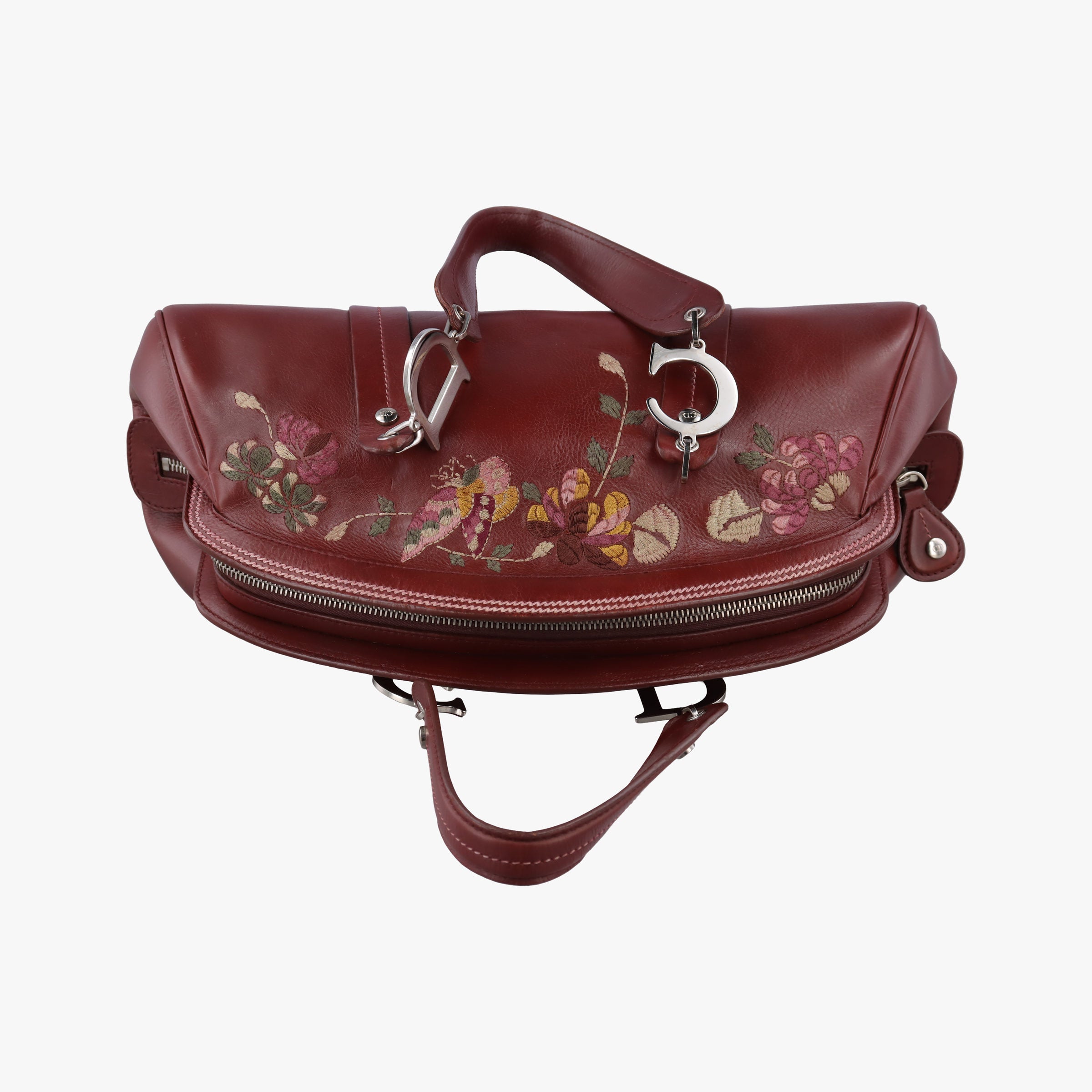 Pre-owned Christian Dior Romantic Flowers Burgundy Leather  shoulderbag | stylenewstar