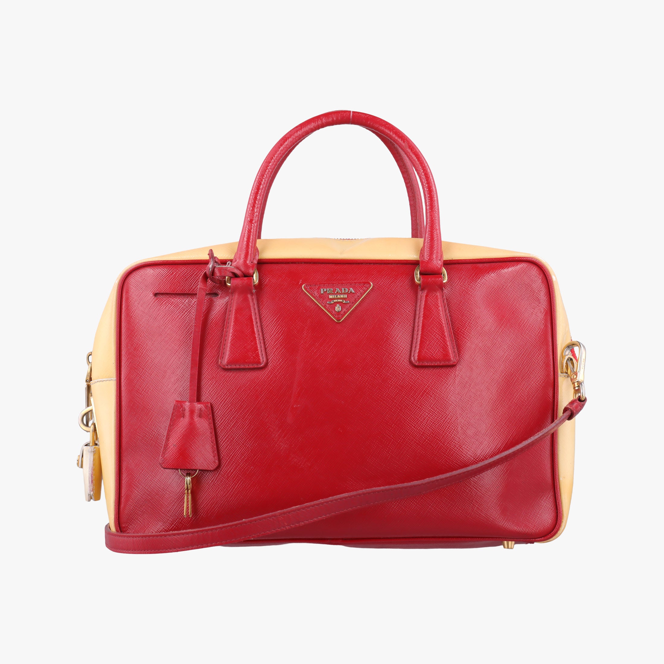 Vintage Prada Triangle logo Red×Yellow Patent  shoulderbag | stylenewstar