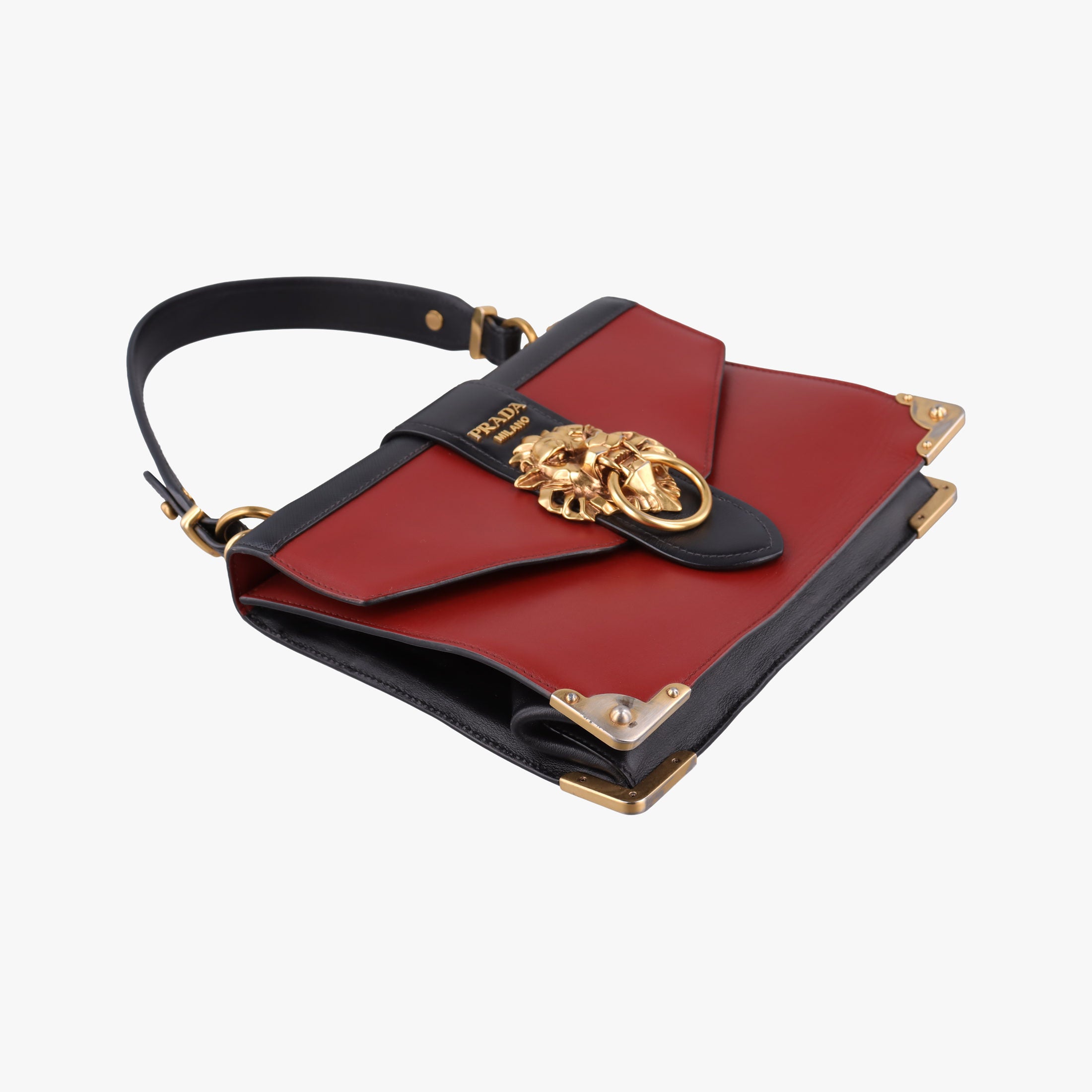 Pre-owned Prada Animalier Cahier Lions Head Black×Red Leather 1BD089 shoulderbag | stylenewstar