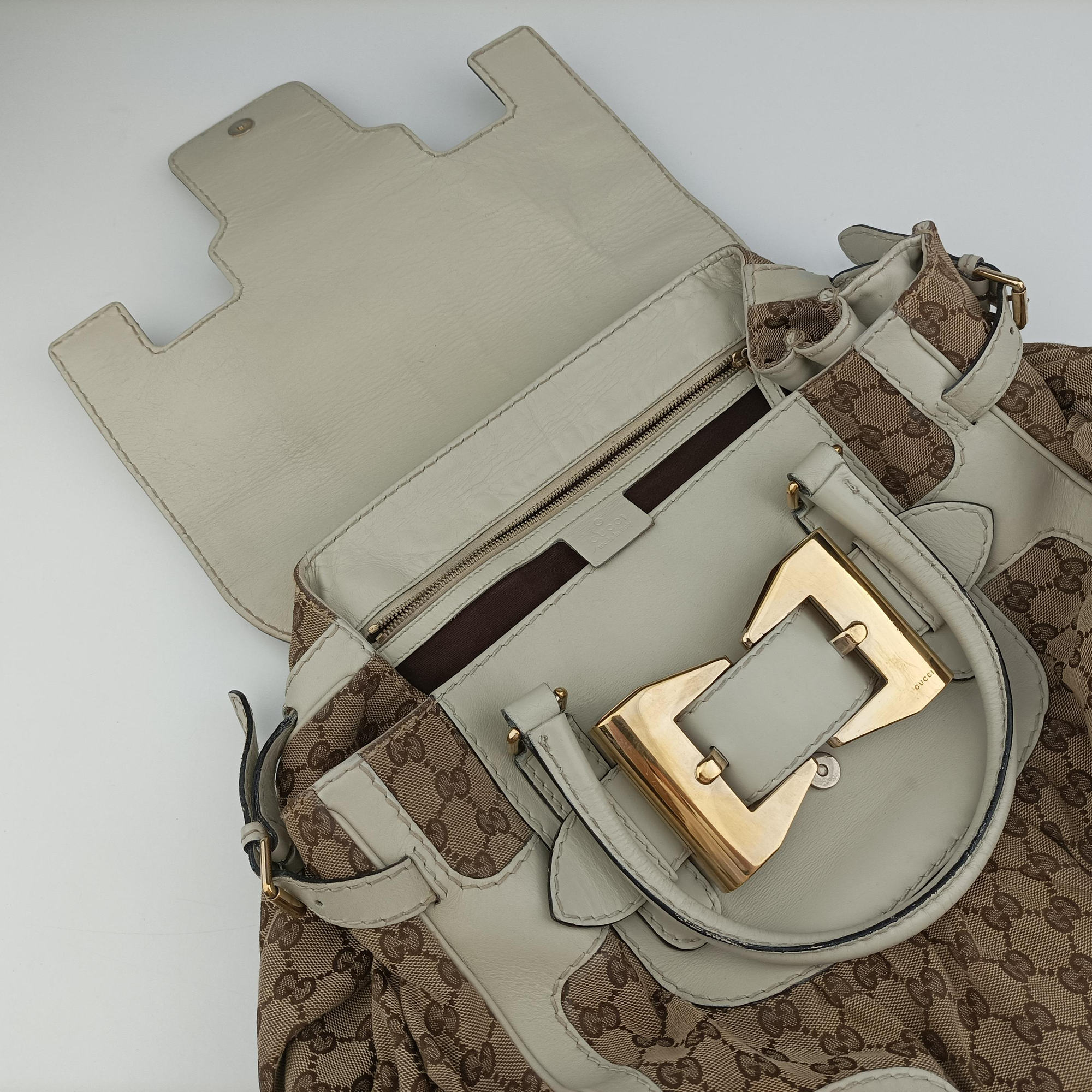 Vintage Gucci Dialux Queen Large White × Brown Leather×canvas 189883 handbag | stylenewstar