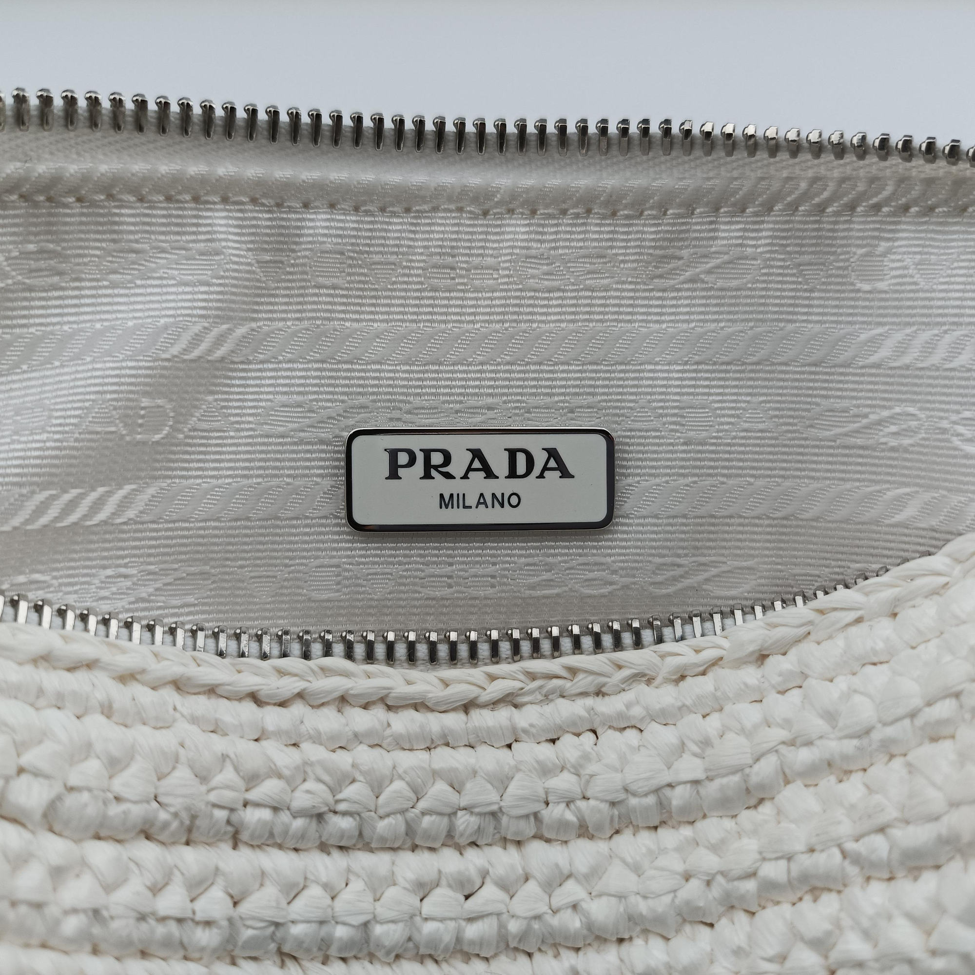 Pre-owned Prada Triangle Logo White Straw  shoulderbag | stylenewstar
