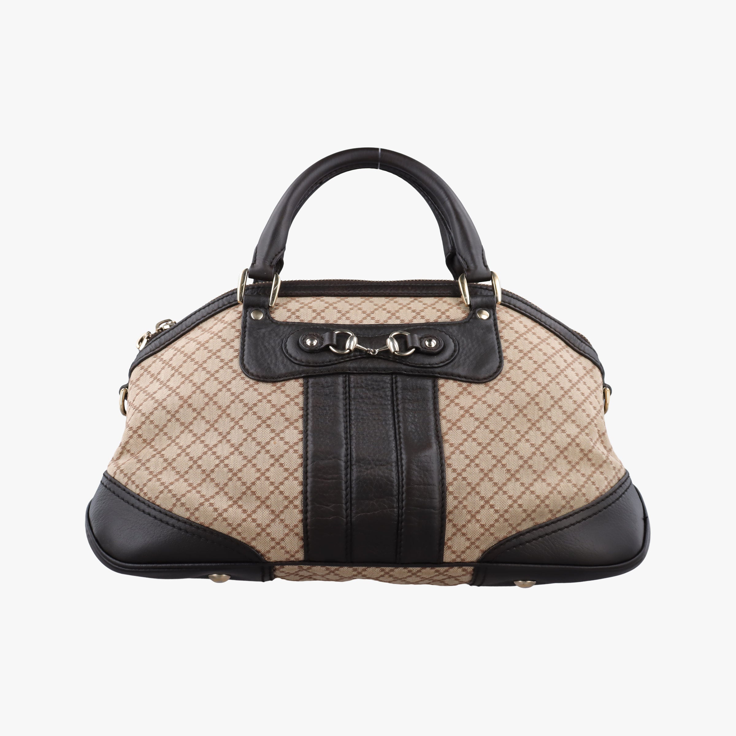 Pre-owned Gucci Horsebit Diamante Beige × Dark Brown Canvas×Leather 247286 handbag | stylenewstar