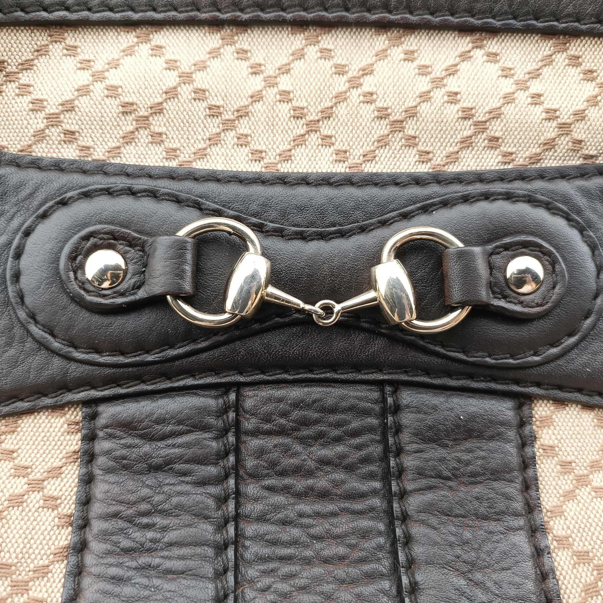 Pre-owned Gucci Horsebit Diamante Beige × Dark Brown Canvas×Leather 247286 handbag | stylenewstar