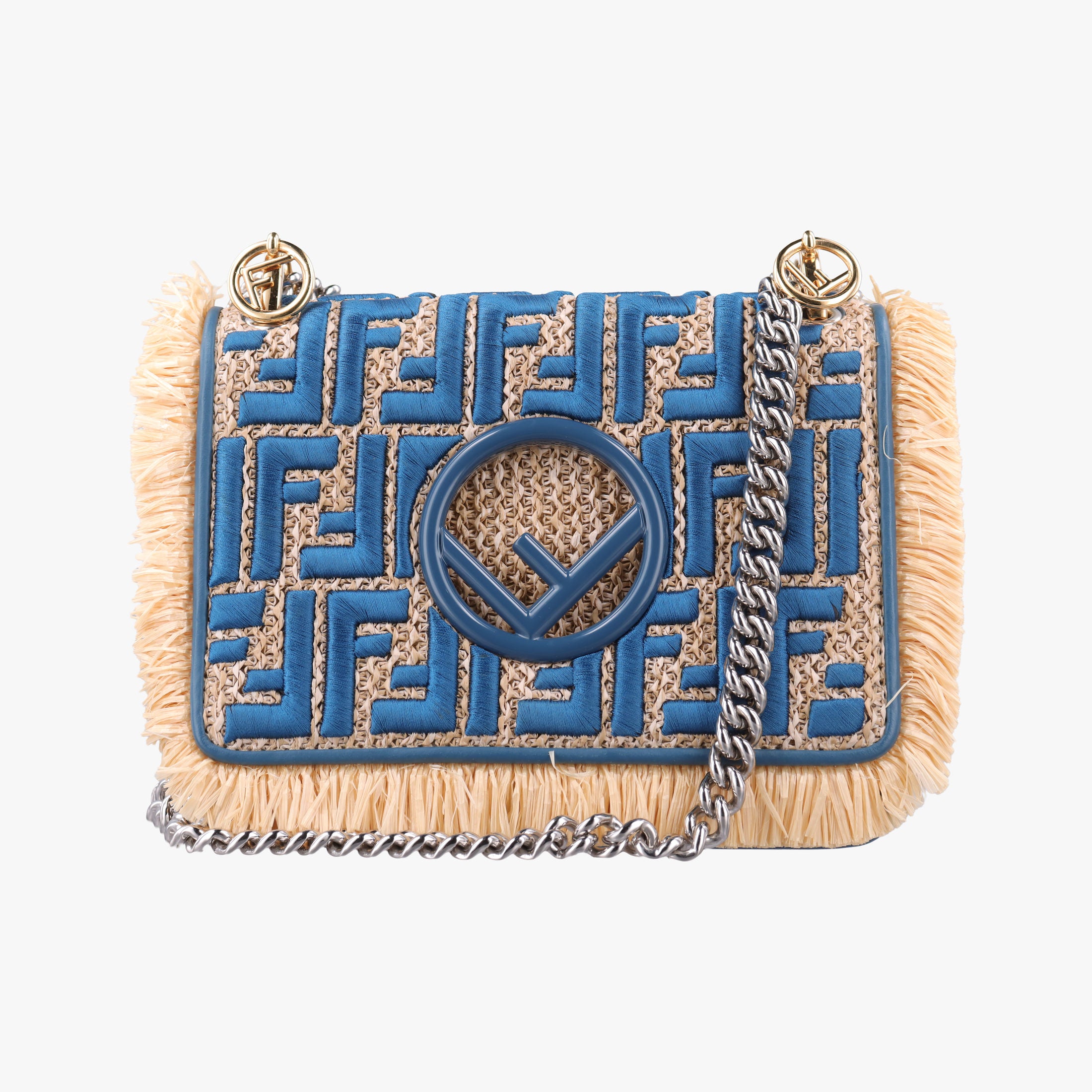 Pre-owned Fendi KAN I F Blue straw×fabric 8BT286 shoulderbag | stylenewstar