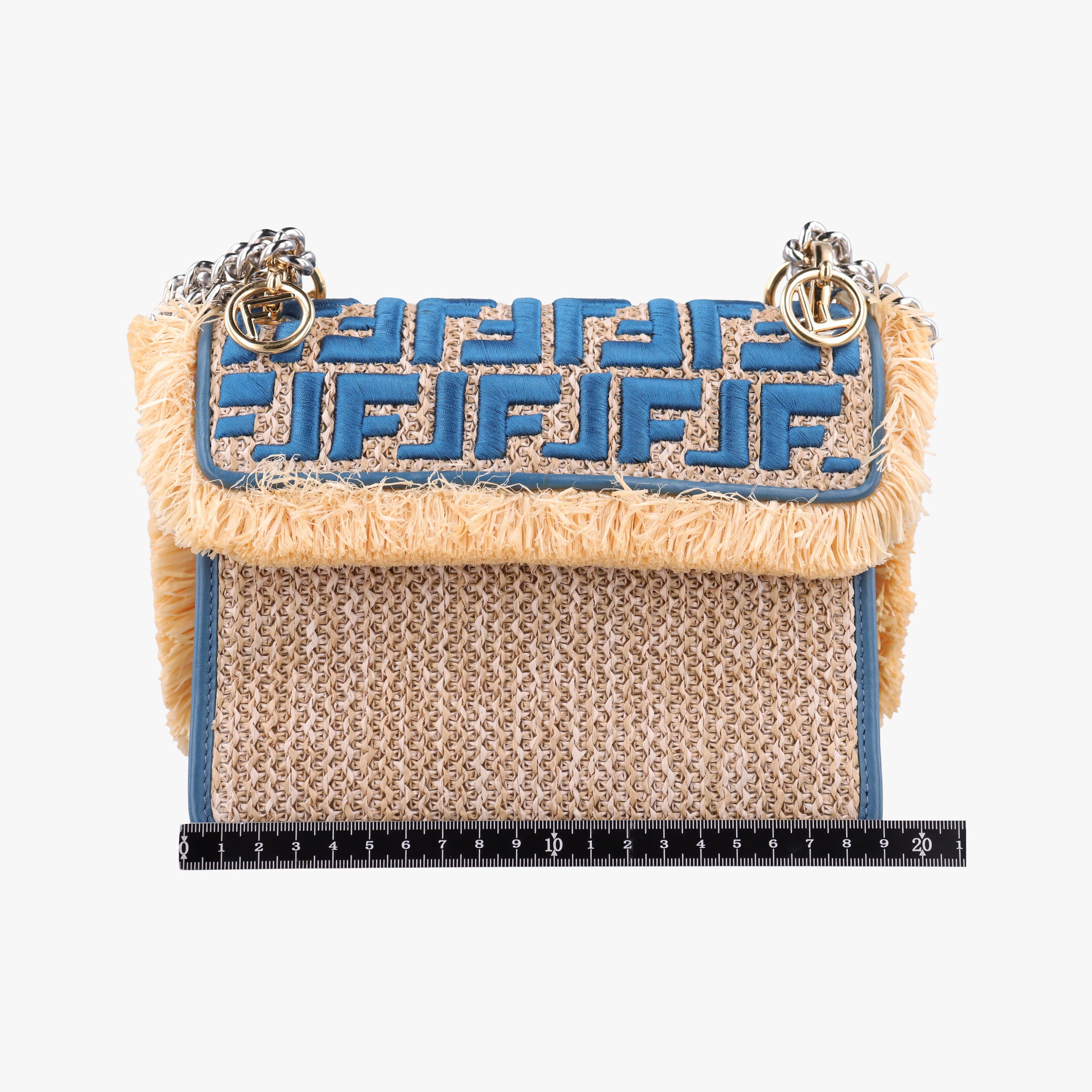 Pre-owned Fendi KAN I F Blue straw×fabric 8BT286 shoulderbag | stylenewstar