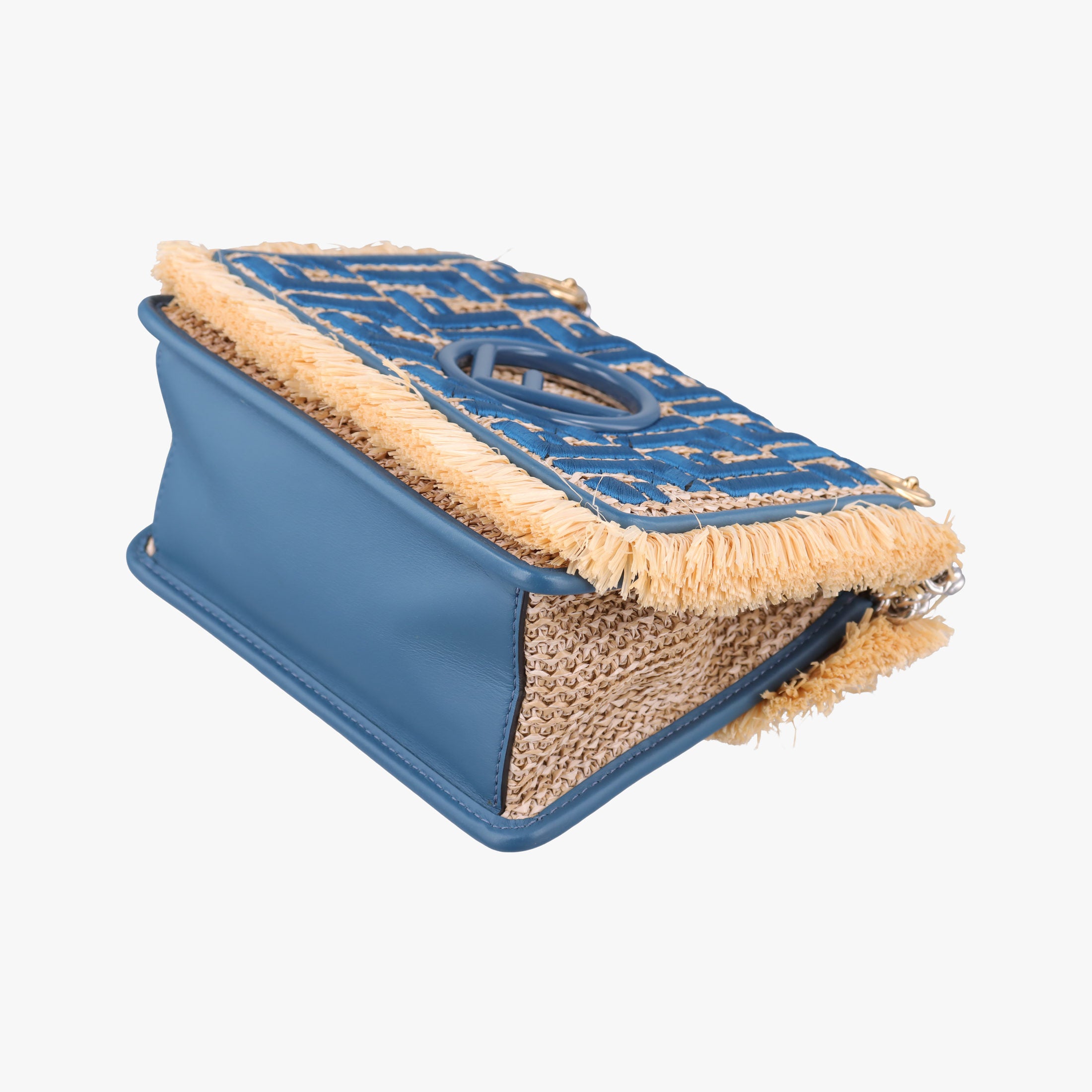 Pre-owned Fendi KAN I F Blue straw×fabric 8BT286 shoulderbag | stylenewstar