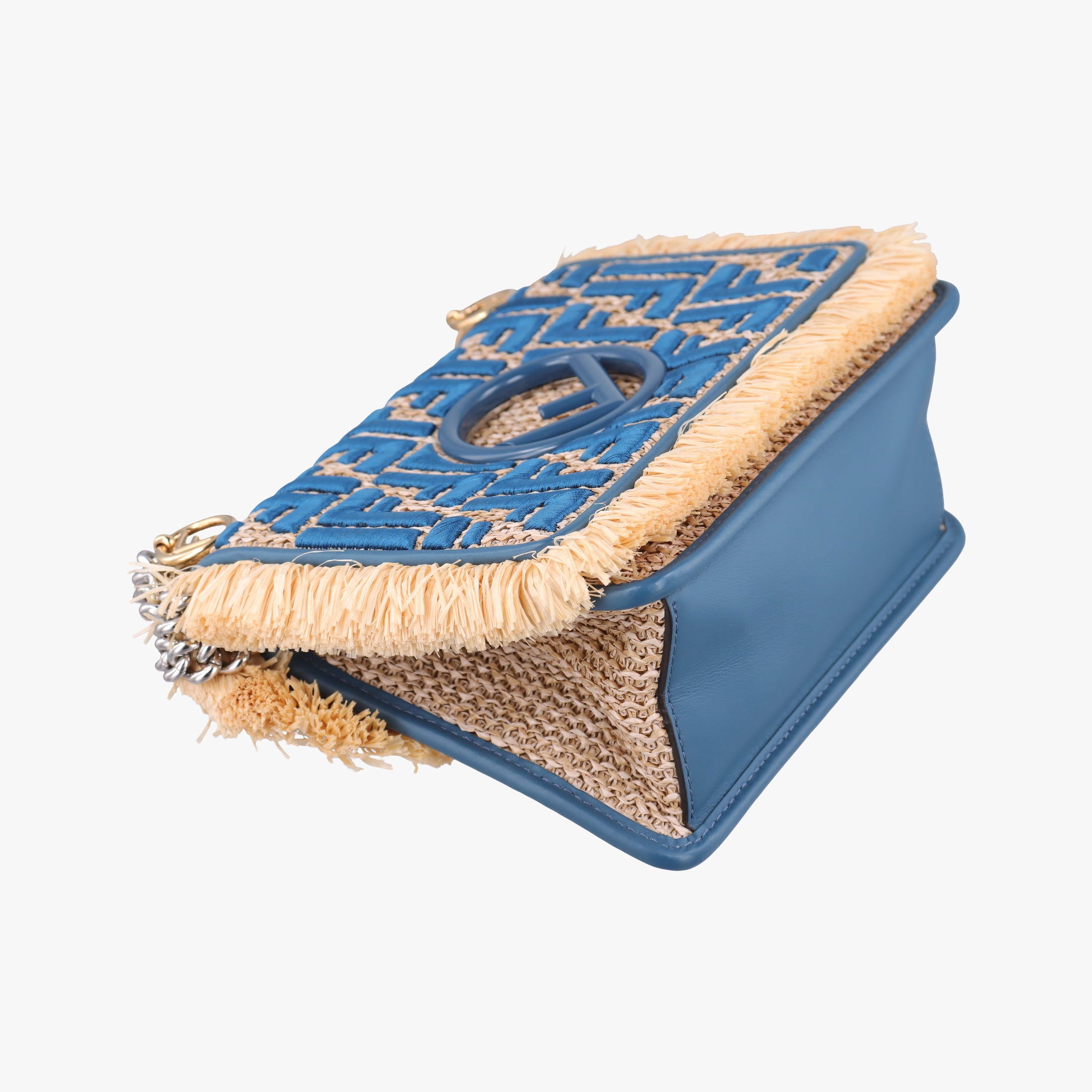 Pre-owned Fendi KAN I F Blue straw×fabric 8BT286 shoulderbag | stylenewstar