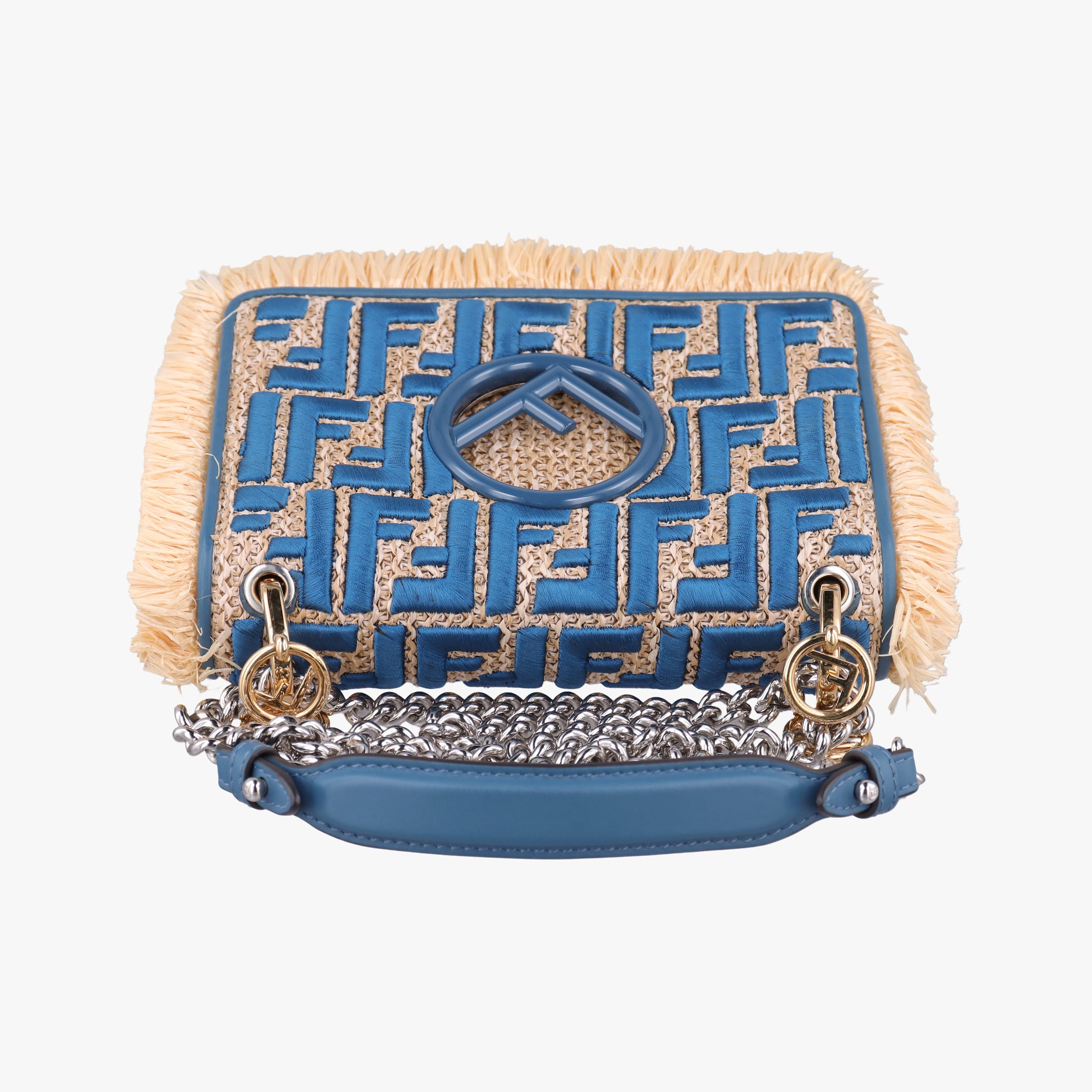 Pre-owned Fendi KAN I F Blue straw×fabric 8BT286 shoulderbag | stylenewstar