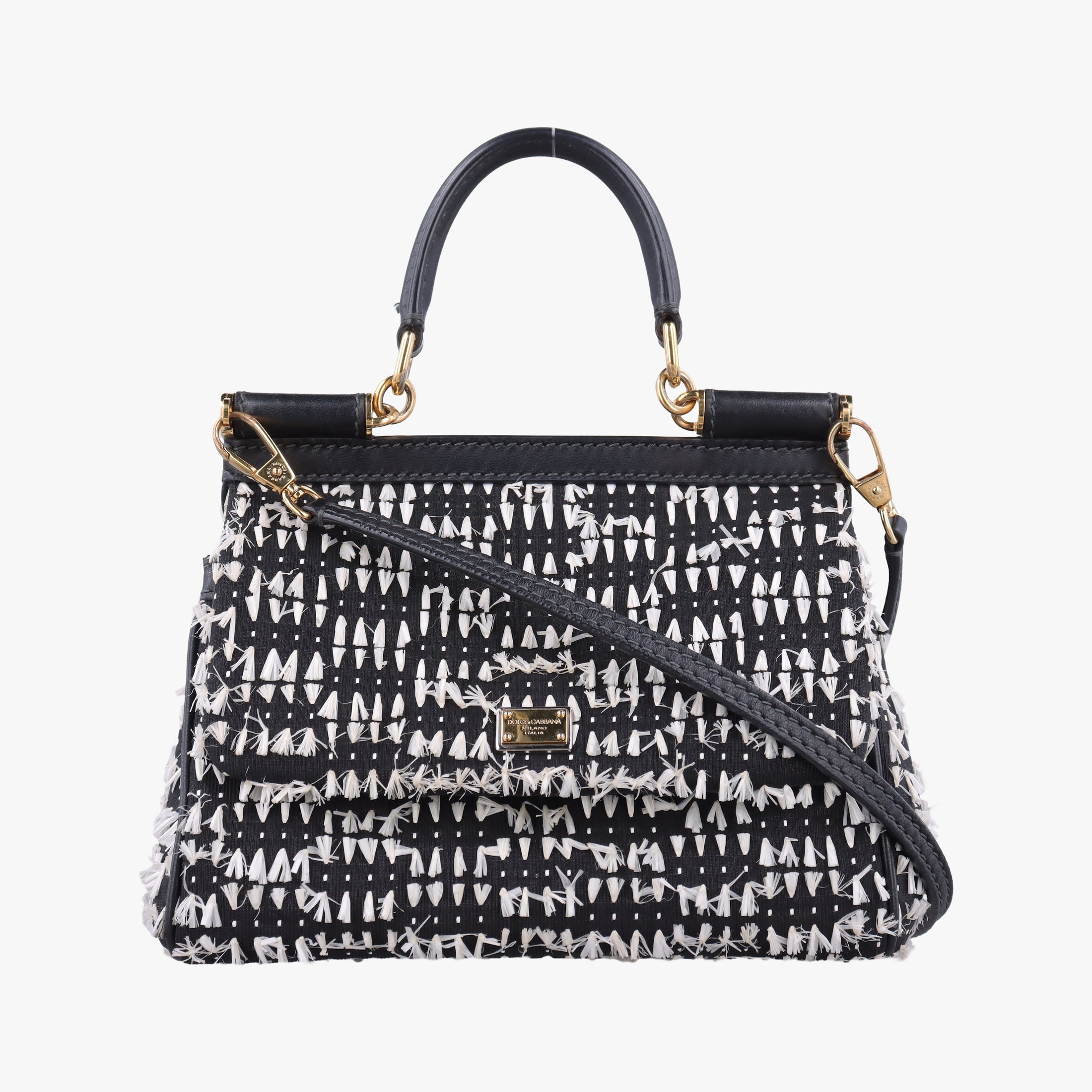 Secondhand Dolce & Gabbana SICILY Black×white Canvas × Leather  shoulderbag | stylenewstar