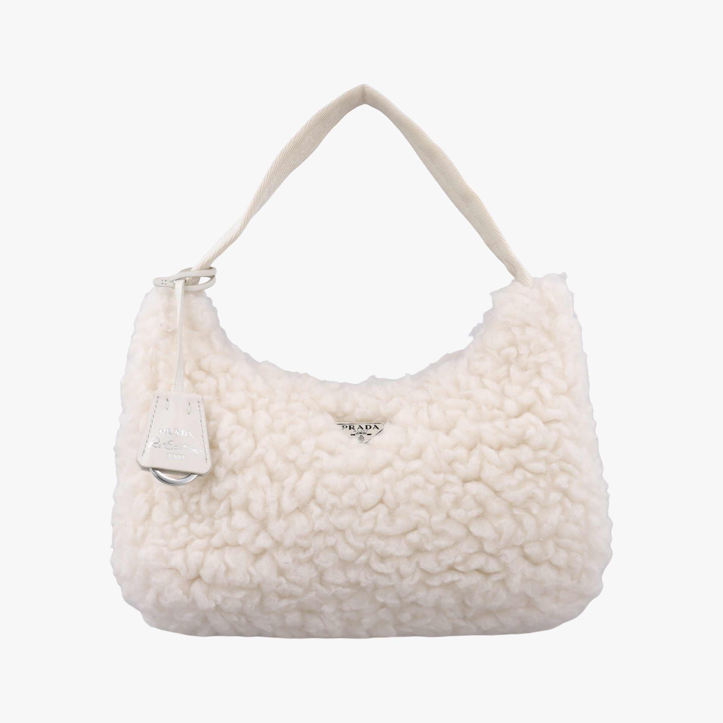 Pre-owned Prada Re-Edition 2000 White Sheep Fur × Nylon Trims 1NE515 handbag | stylenewstar