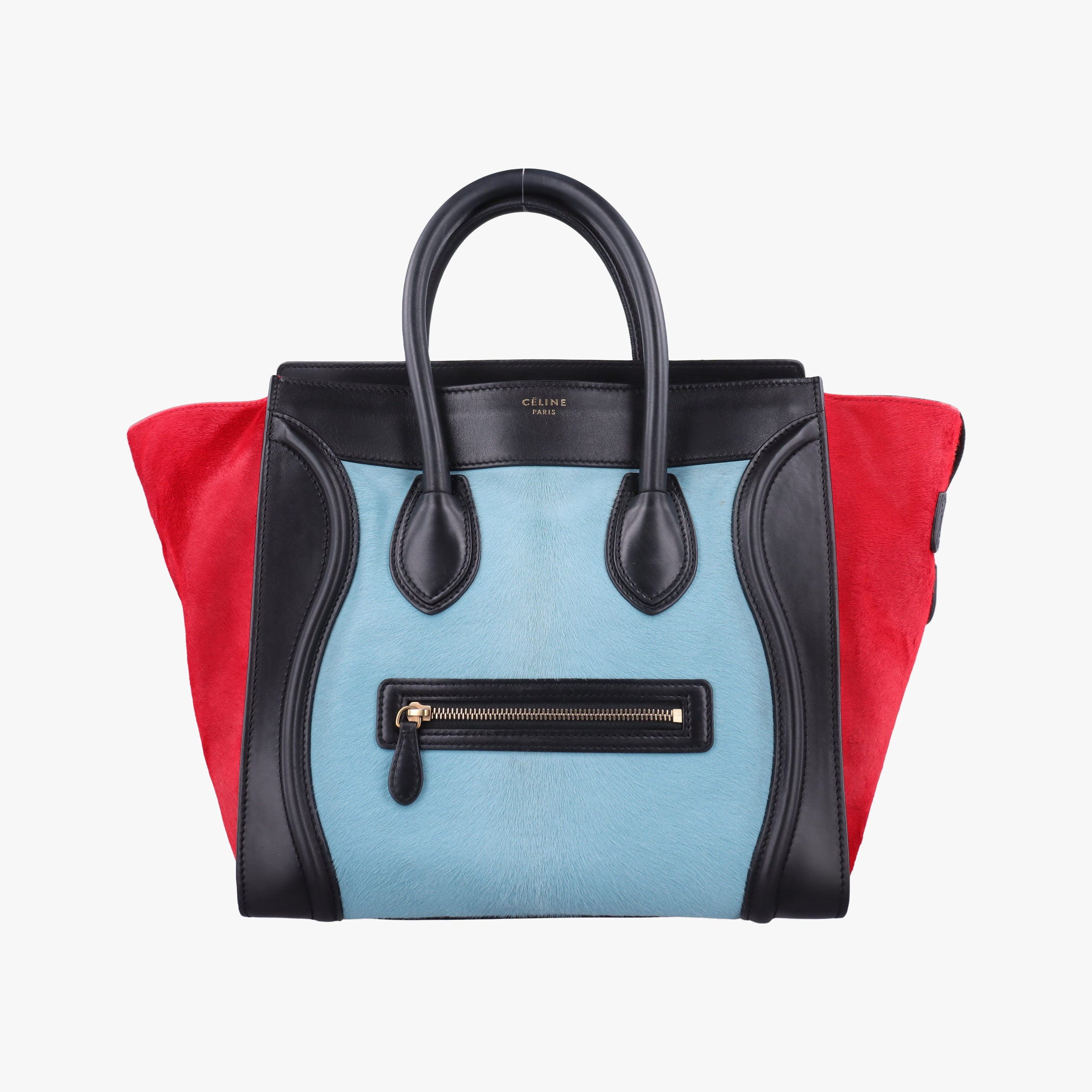 Vintage Celine Luggage Mini Shopper Black×Blue×Red Leather×Ponyhair  handbag | stylenewstar