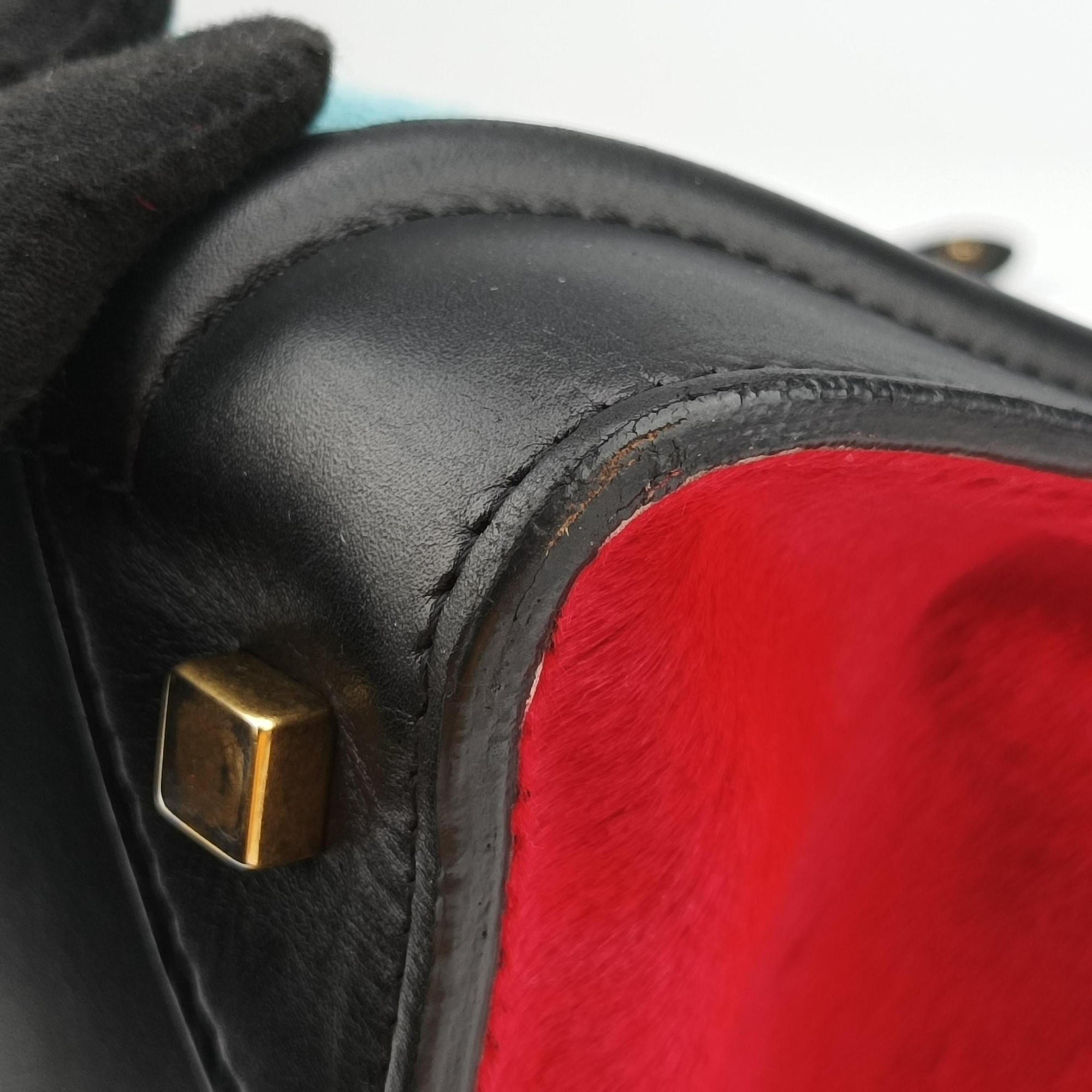 Vintage Celine Luggage Mini Shopper Black×Blue×Red Leather×Ponyhair  handbag | stylenewstar