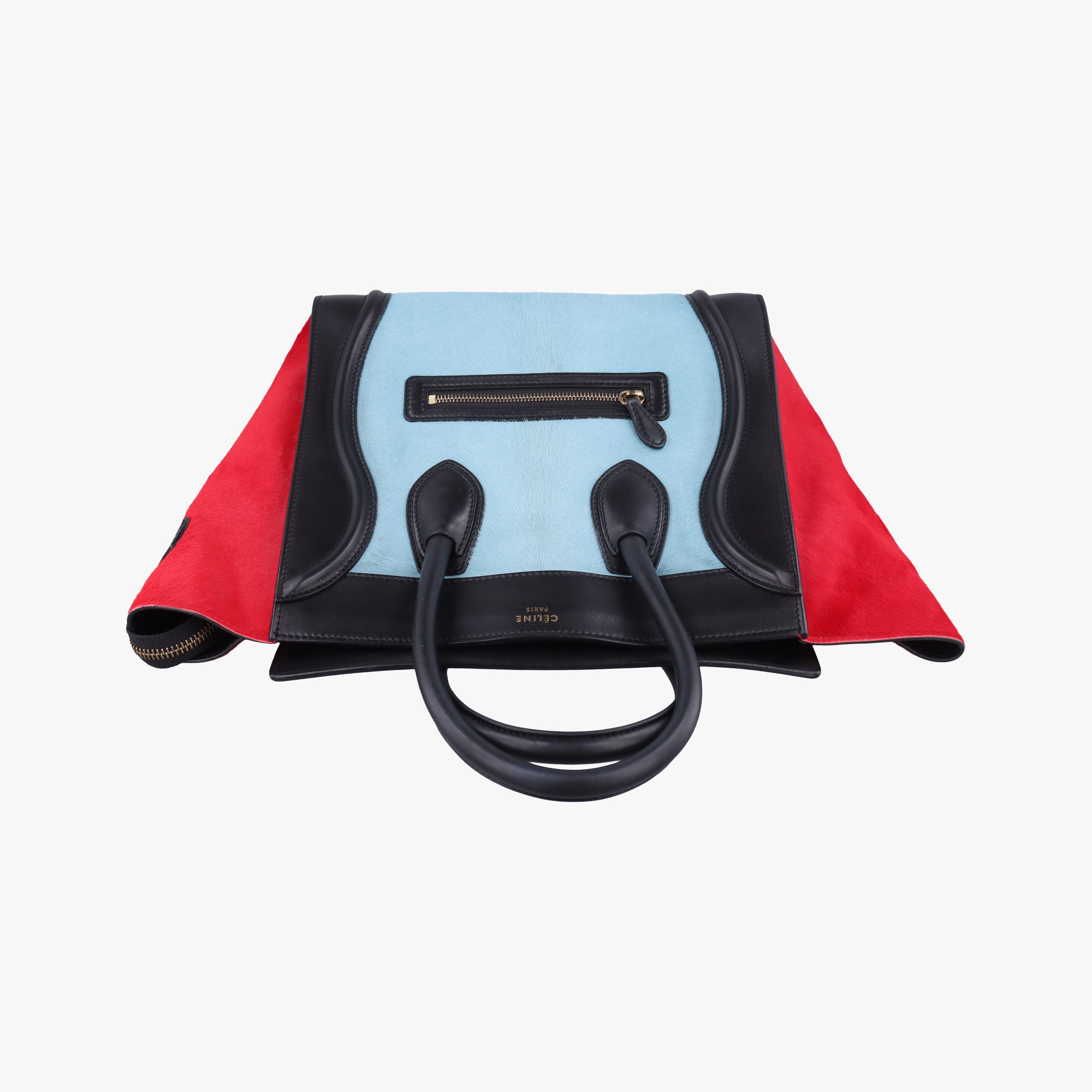 Vintage Celine Luggage Mini Shopper Black×Blue×Red Leather×Ponyhair  handbag | stylenewstar